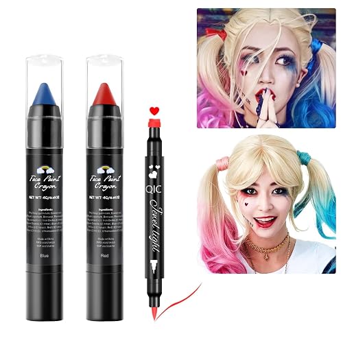 Face Paint Kit for Halloween Harley Quinn Cosplay Party Makeup for Women Girls, Red & Blue Face Body Painting Cream Blendable Sticks Red Liquid Beauty & Personal Care obullights