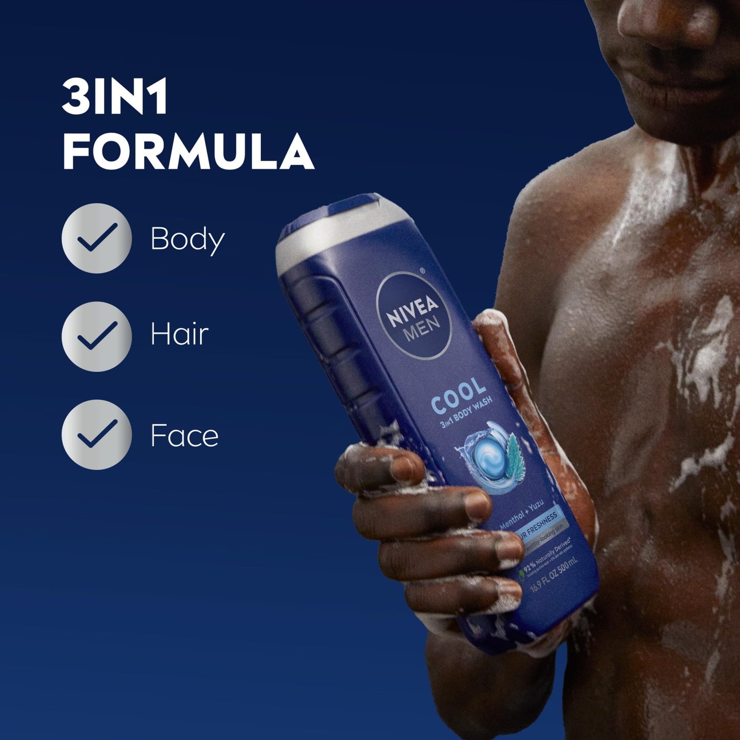 NIVEA MEN Cool Body Wash, Icy Menthol and Yuzu Scent, 3-in-1 Men's Body Wash, Face and Hair, Paraben Free, pH-Skin Friendly, 16.9 Fl Oz Bottle, Pack Beauty & Personal Care NIVEA MEN