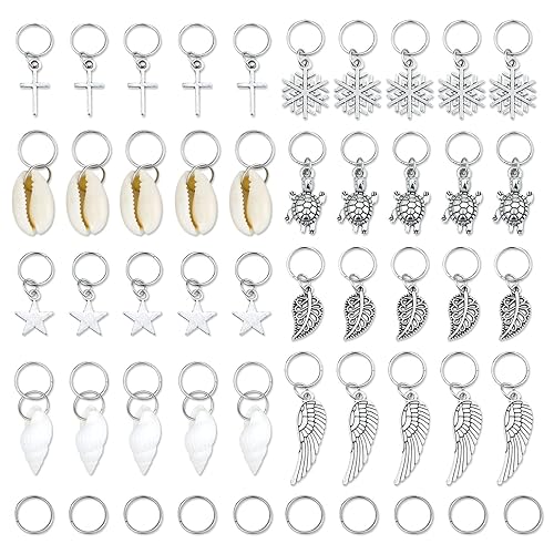 JIALEEY Hair Braid Rings, 50PCS Hair Loops Clips Silver Ring Shell Leaves Star Conch Snowflake Pendant Charms Set Hair Clip Headband Accessories Beauty & Personal Care JIALEEY