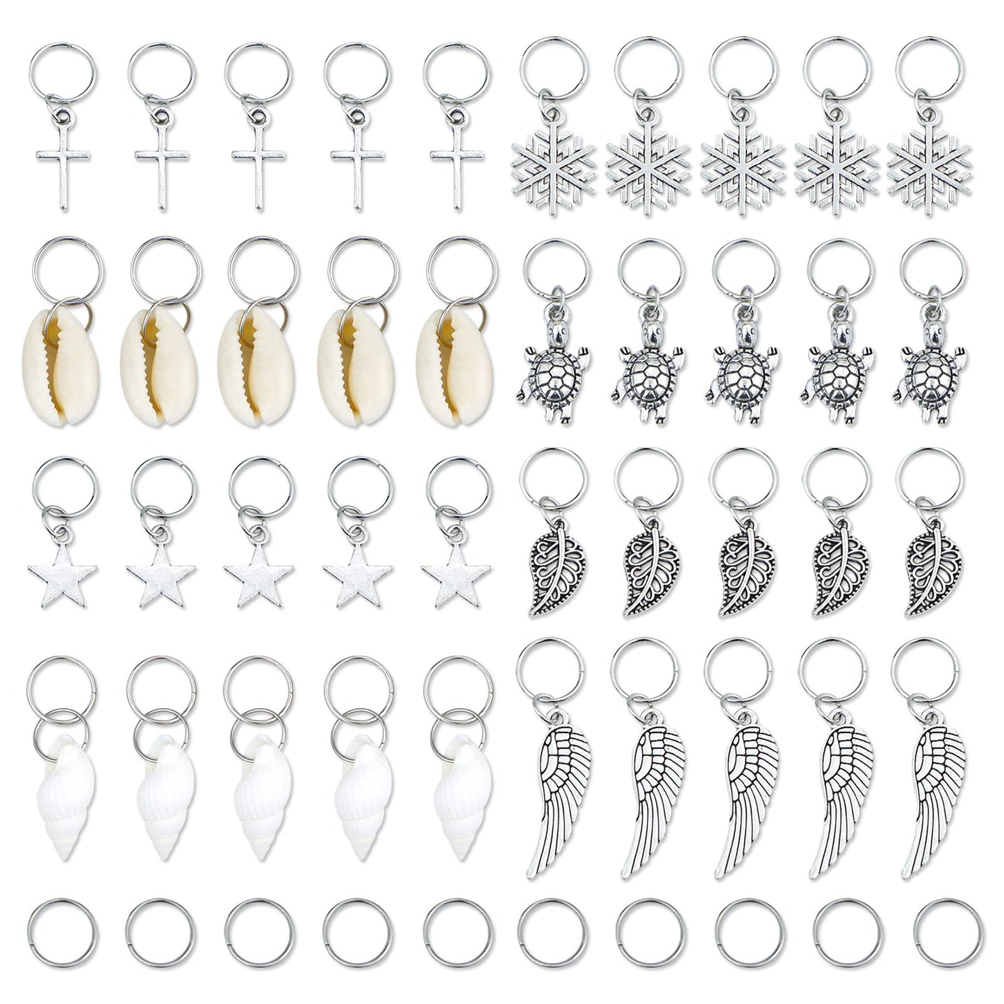 JIALEEY Hair Braid Rings, 50PCS Hair Loops Clips Silver Ring Shell Leaves Star Conch Snowflake Pendant Charms Set Hair Clip Headband Accessories Beauty & Personal Care JIALEEY