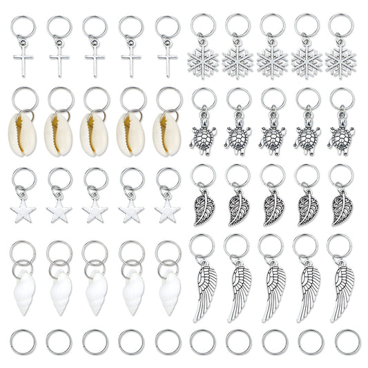 JIALEEY Hair Braid Rings, 50PCS Hair Loops Clips Silver Ring Shell Leaves Star Conch Snowflake Pendant Charms Set Hair Clip Headband Accessories Beauty & Personal Care JIALEEY