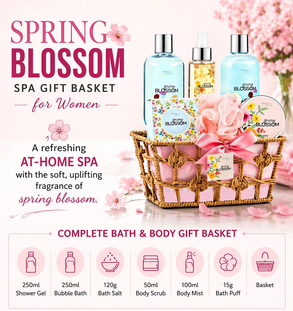 Spring Blossom Spa Gift Basket for Women - Mother’s Day Bath & Body Gift Set with Shower Gel, Bubble Bath, Body Lotion, Bath Salts & Bath Bombs - Self Beauty and Personal Care Freida and Joe
