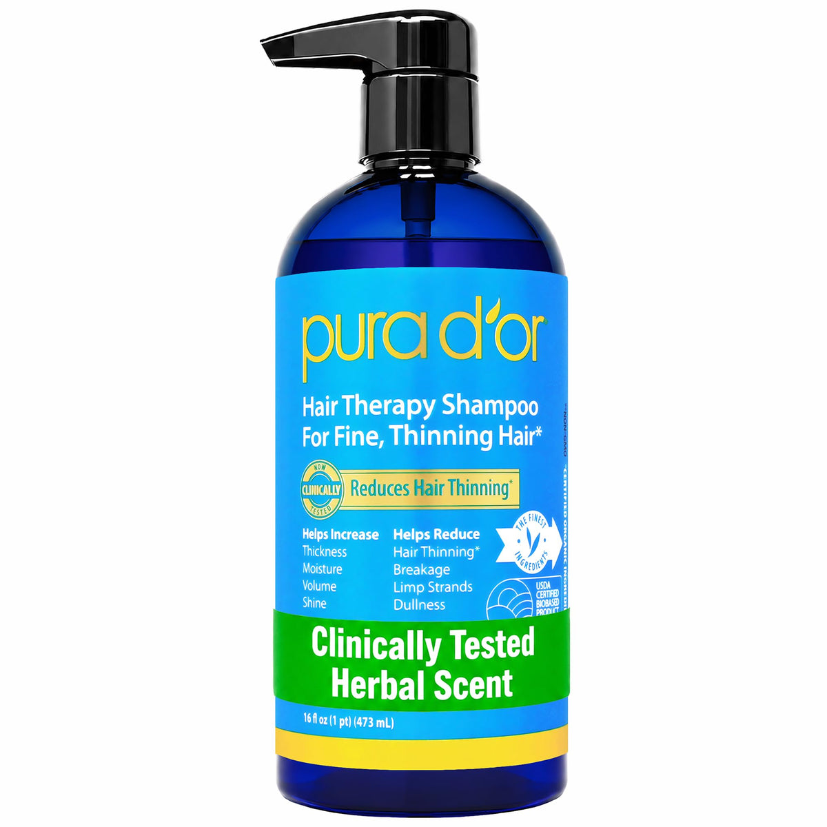 PURA D'OR Hair Thinning Therapy Biotin Shampoo ORIGINAL Herbal Scent, 16oz