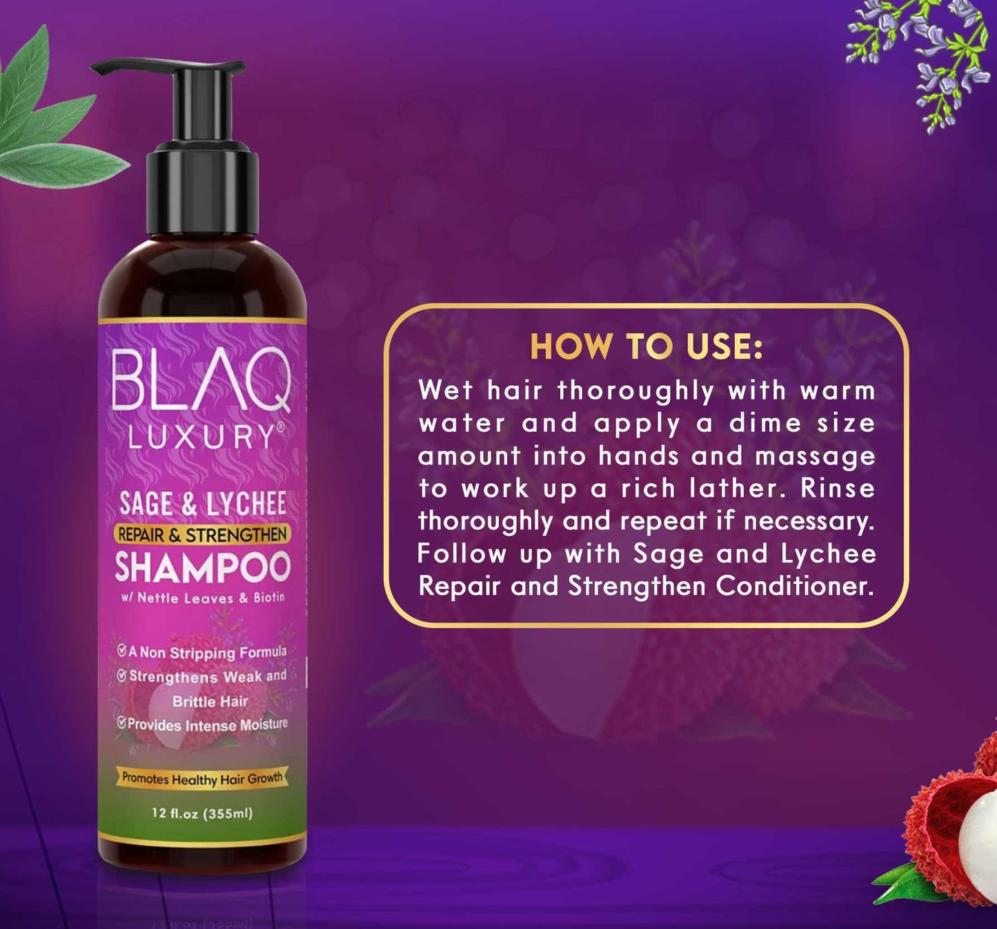 Blaq Luxury Sage & Lychee Repair and Strengthen Shampoo - Infused with Biotin and Nettle - Sulfate-Free Formula for All Hair Types - Promotes Hair Beauty & Personal Care Blaq Luxury