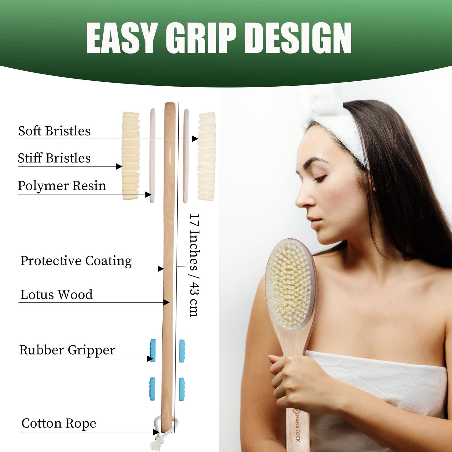 Hanstock Back Scrubber, 43cm Long Wooden Double-Sided Shower Body Brush with Soft and Stiff Bristles for Exfoliating Skin Beauty and Personal Care HANSTOCK