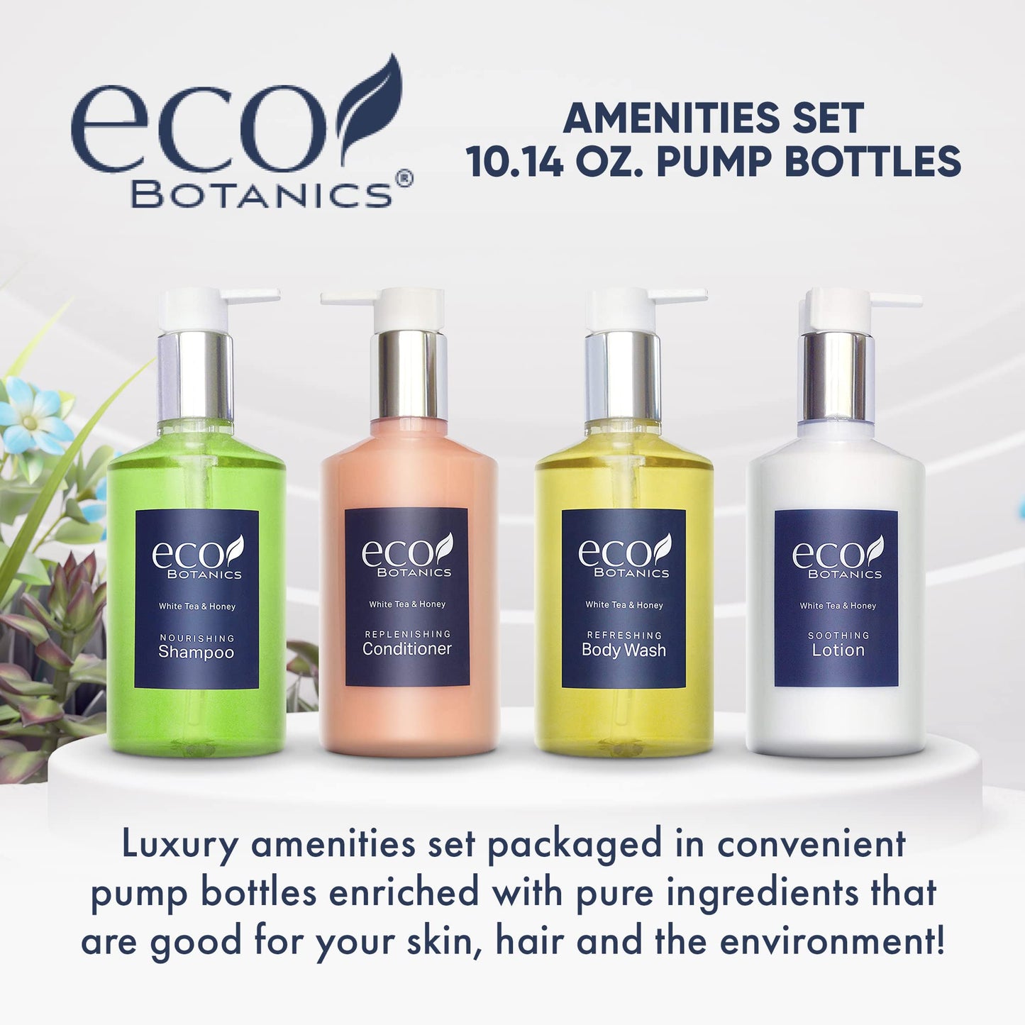Eco Botanics Hotel Amenities Set | 10.14oz Pump Bottles | Shampoo, Conditioner, Hand & Body Wash, and Lotion | Set of 4 Beauty & Personal Care Terra Pure