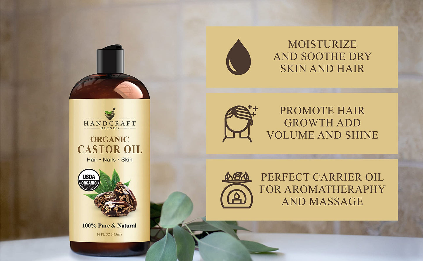 Handcraft Blends Organic Castor Oil – 100% Pure, Natural, Expeller-Pressed, Hexane-Free Carrier Oil for Hair, Lashes, Brows & Skin, 16oz Beauty & Personal Care Handcraft Blends