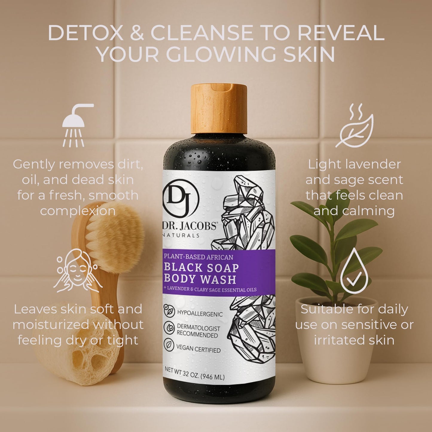 Dr Jacobs Naturals Authentic African Black Liquid Soap with Lavender & Sage Scent All-In-One Face Wash, Sensitive Skin Body Wash, Shampoo, Shaving Beauty & Personal Care DR.JACOBS NATURALS