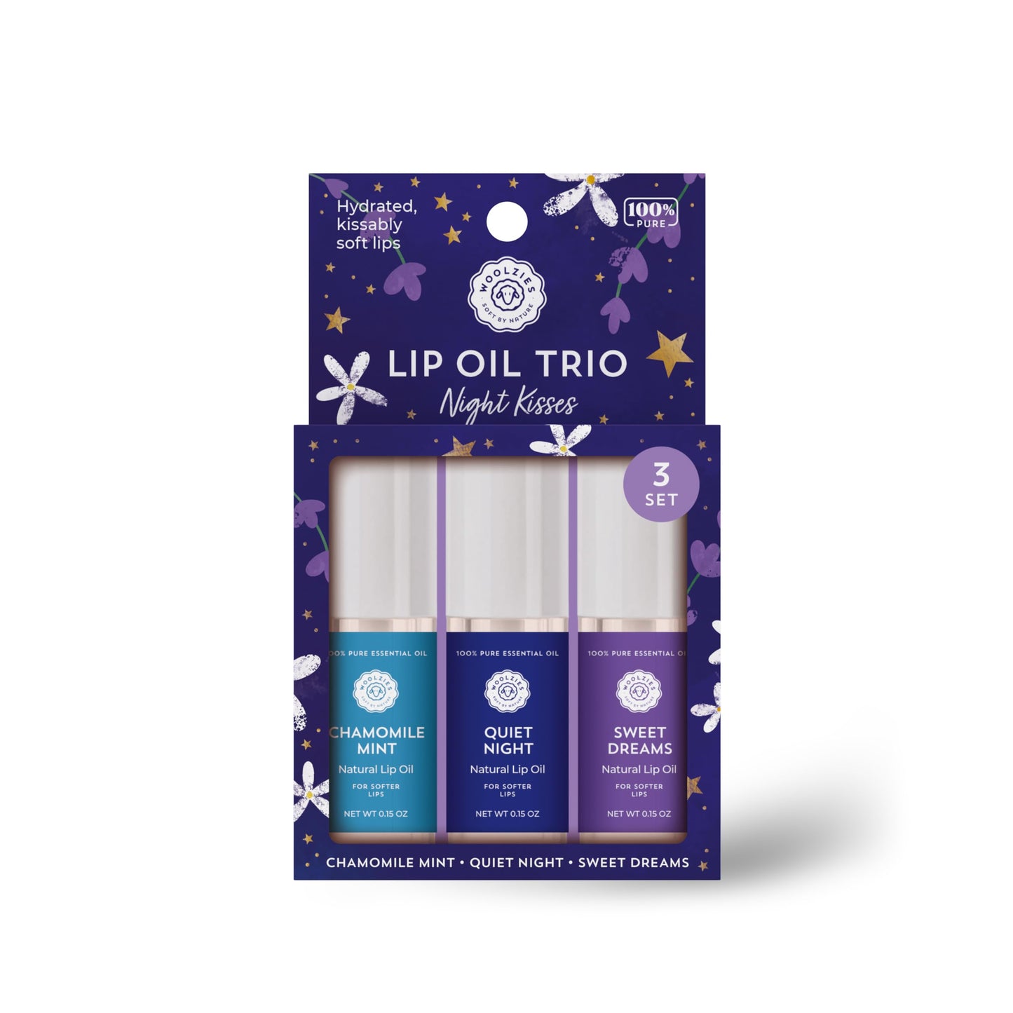 Woolzies All-Natural Lip Oils - Flavored Assortments - Moisturizing with Beautiful Tints Set of 3 (3 Pack, Night Kisses) Beauty and Personal Care Woolzies