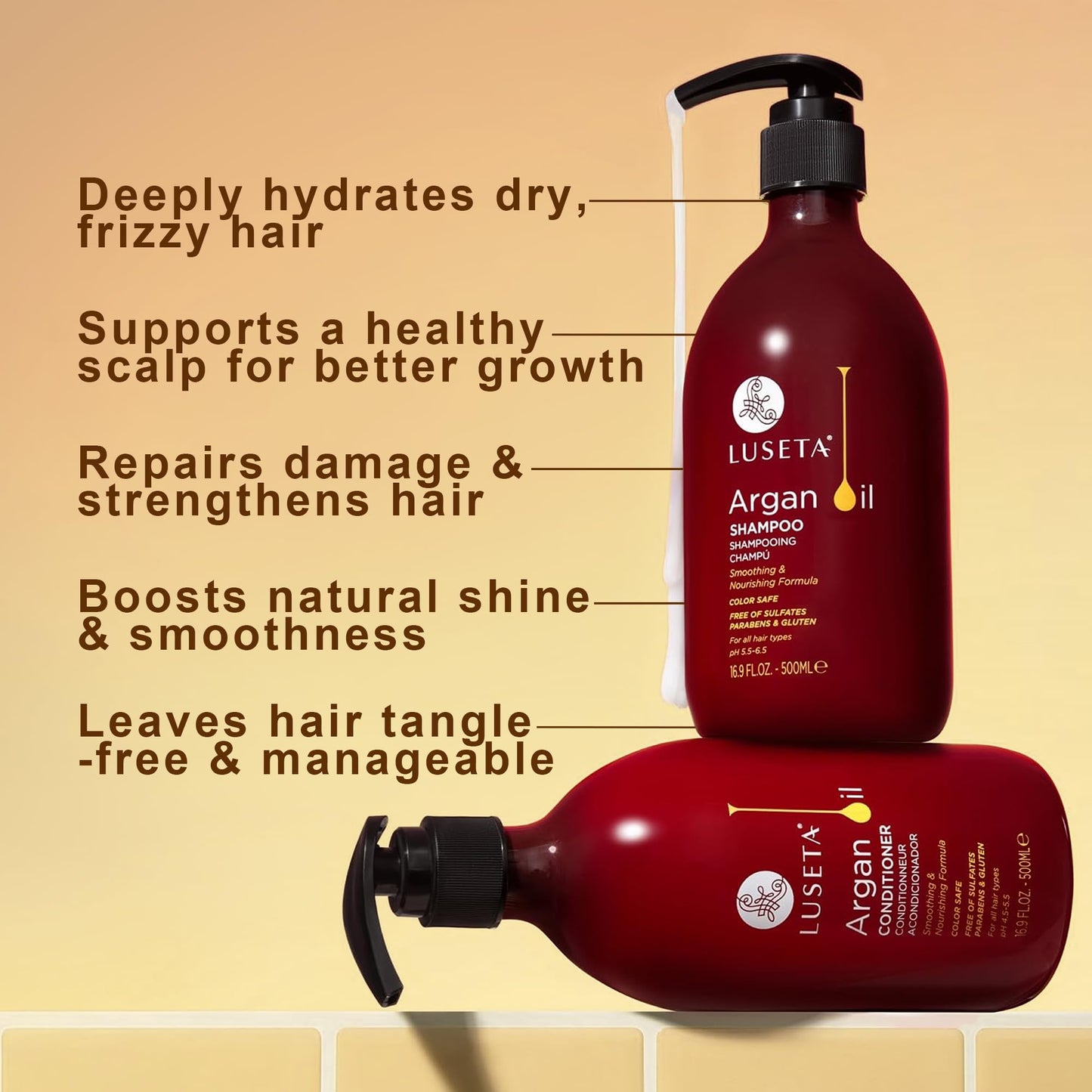 LUSETA Argan Oil Shampoo and Conditioner Set for Dry Damaged Hair - Smoothing & Thickening Treatment for Fine Thin Hair, Anti-Frizz Nourishing Formula Beauty & Personal Care L LUSETA