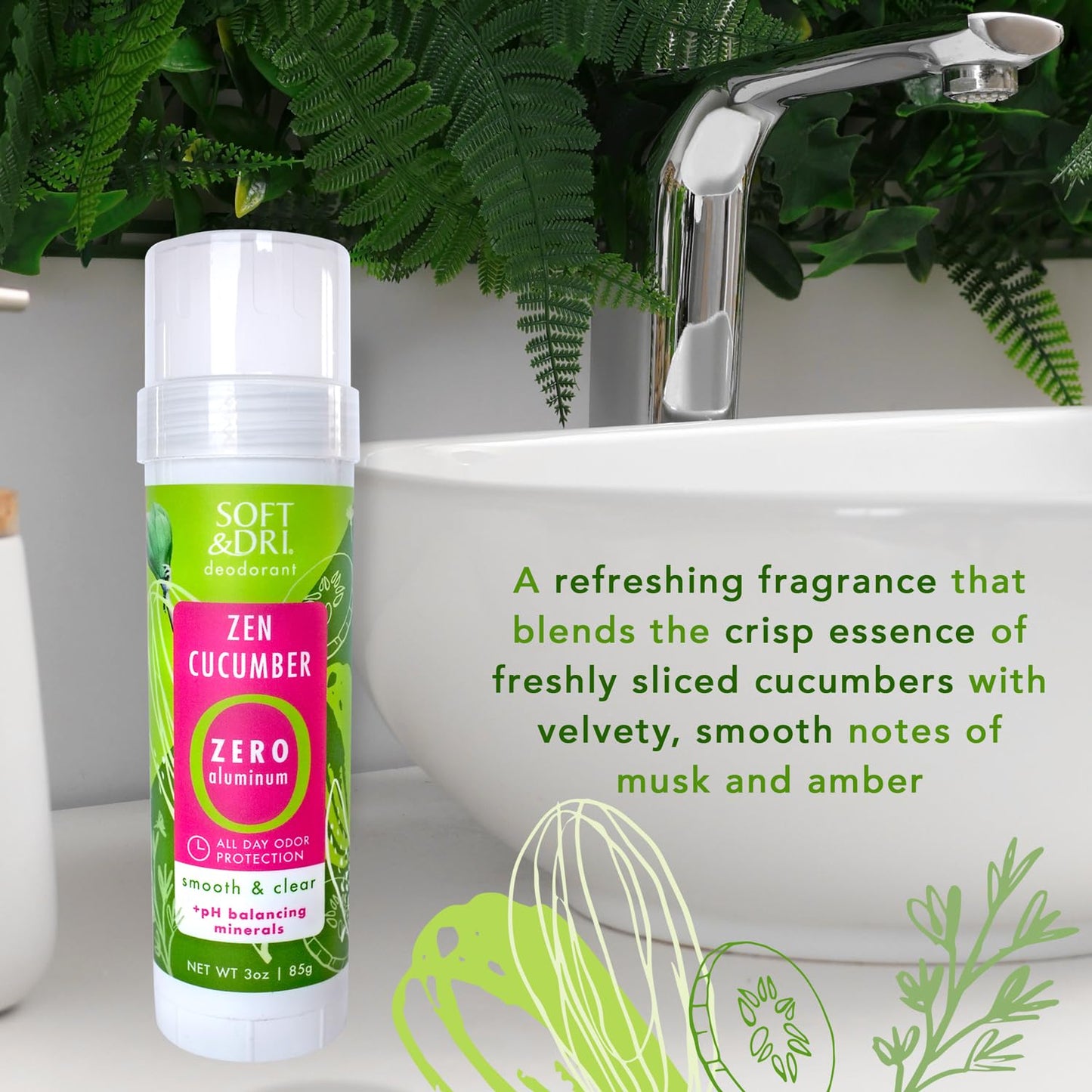 Soft & Dri Zen Cucumber Aluminum Free Deodorant, 3 oz, Smooth and Clear Stick, pH Balancing Minerals, 3 Pack Beauty and Personal Care Soft & Dri