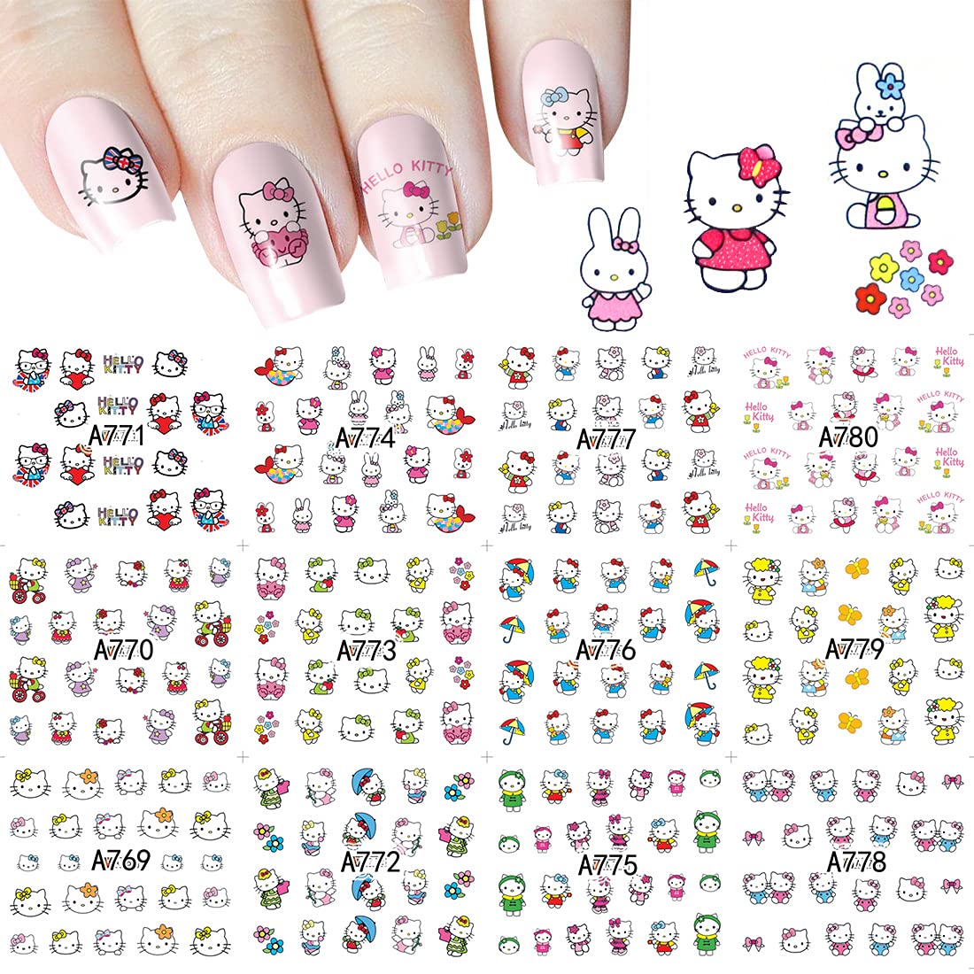 Cute Kawaii Cat Cartoon Nail Stickers Self-Adhesive Nail Decals for Women Girls Kids Nail Art Stickers (12 Sheets) Beauty & Personal Care Emifunny