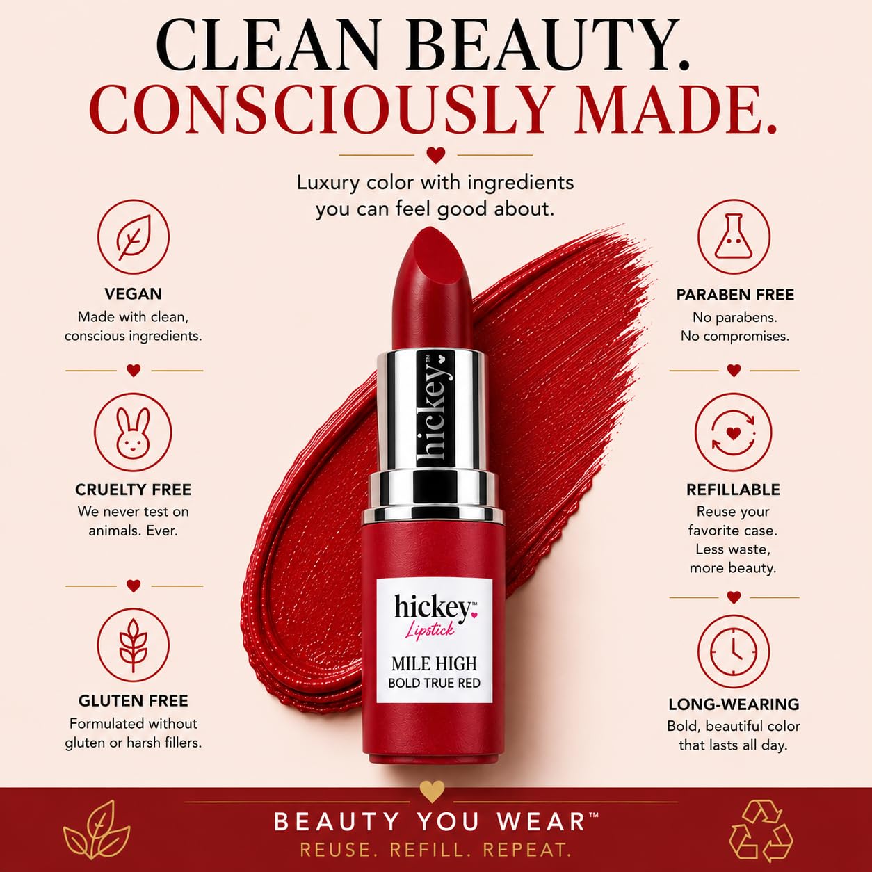 Hickey Lipstick Mile High Organic Perfect Red Lipstick Refill - Long Lasting Lipstick for Women - Hydrating & Moisturizing Shade, Best Lip Color for Beauty & Personal Care Hickey