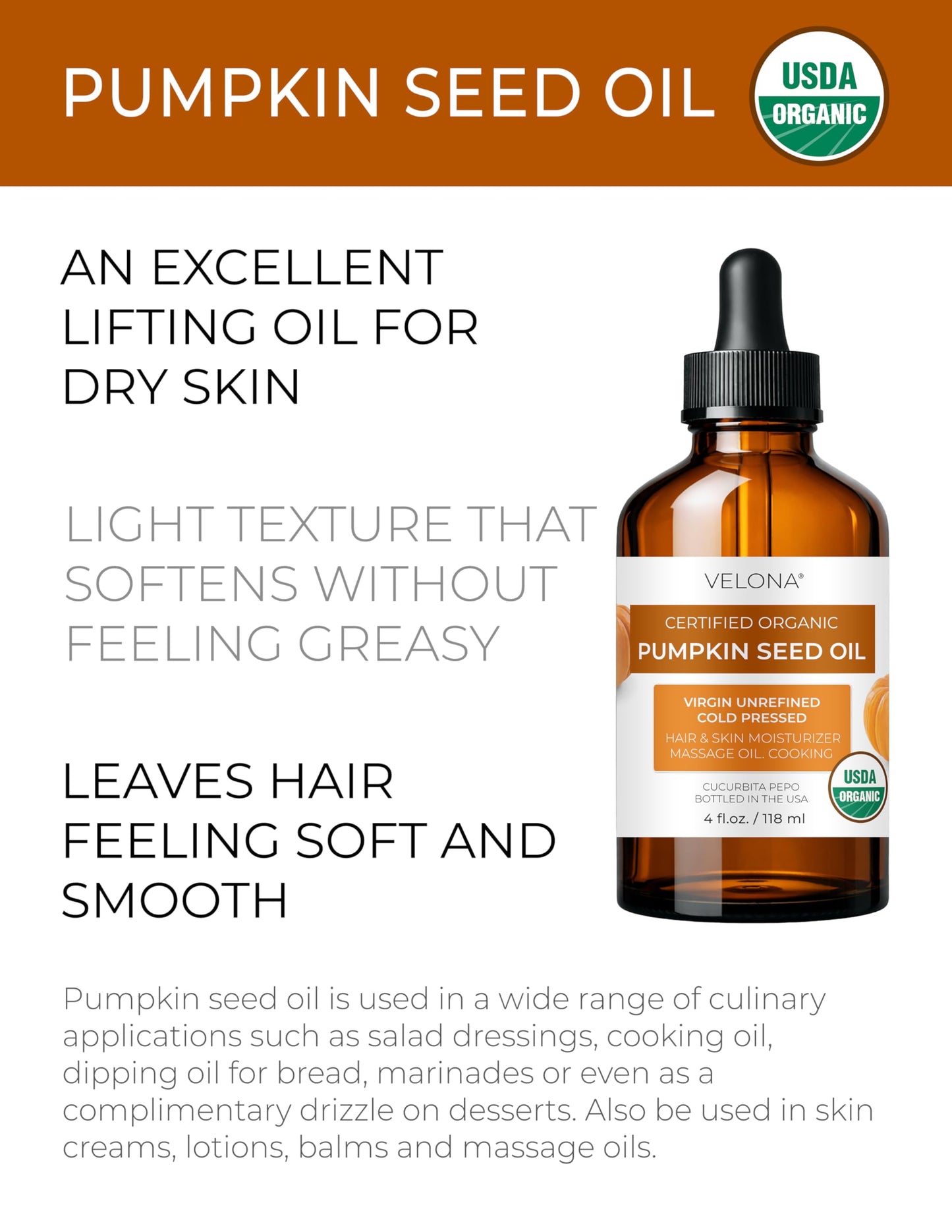 velona Pumpkin Seed Oil USDA Certified Organic - 4 Fl Oz | 100% Pure and Natural Carrier Oil | Unrefined, Cold Pressed | Cooking, Face, Hair, Body Beauty & Personal Care velona