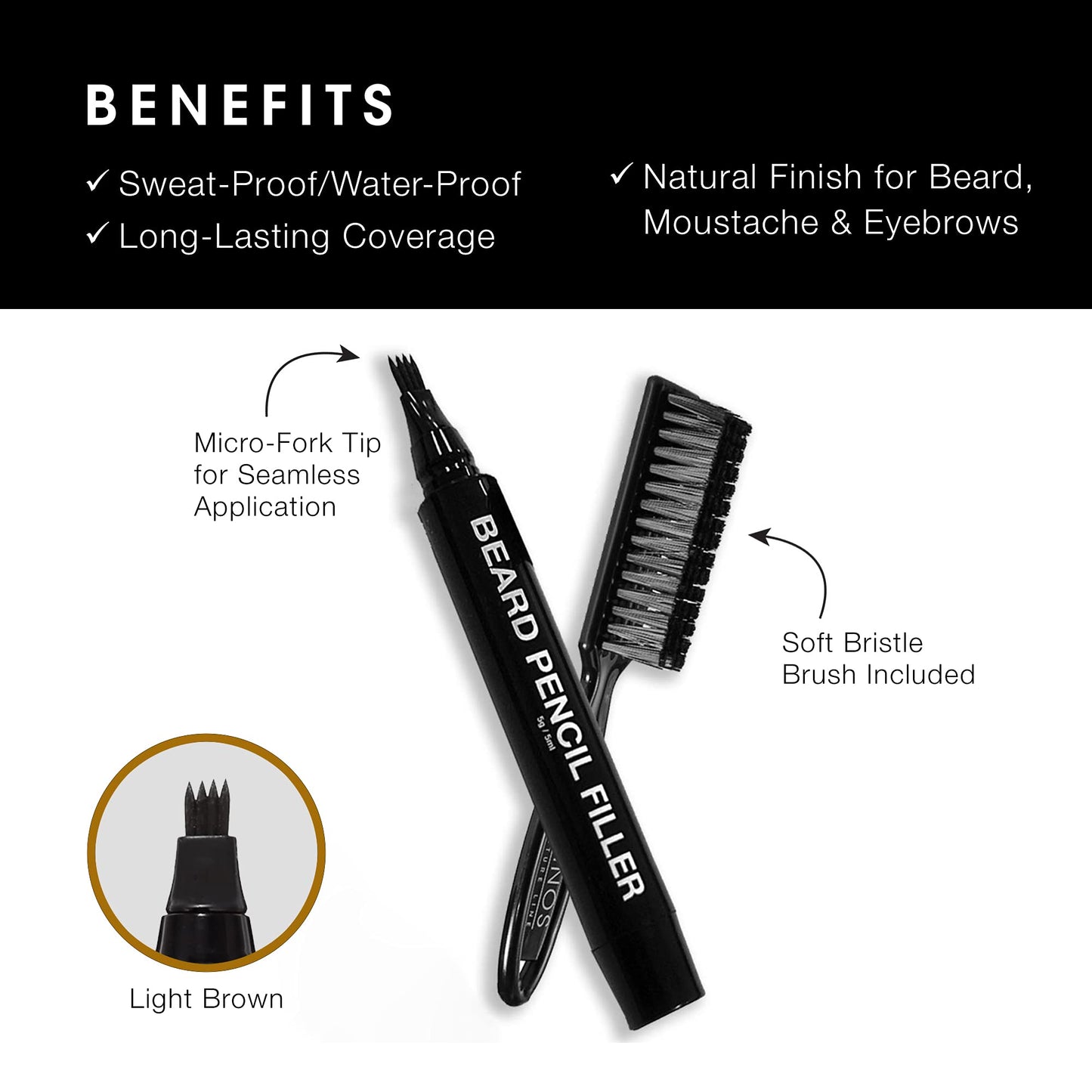Pacinos Beard Pencil Filler - Water Proof, Long Lasting Coverage & Natural Finish - Beard, Moustache & Eyebrows - Micro-Fork Tip for Seamless Beauty & Personal Care Pacinos