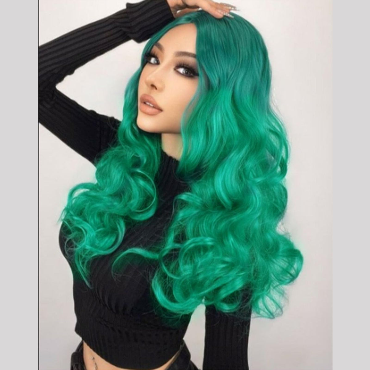 Long Green 2T Ombre Body Wave Synthetic Lace Front Wigs for Women Free Part Natural Hairline Glueless Wigs Light Green Ombre Green Body Wave Curly