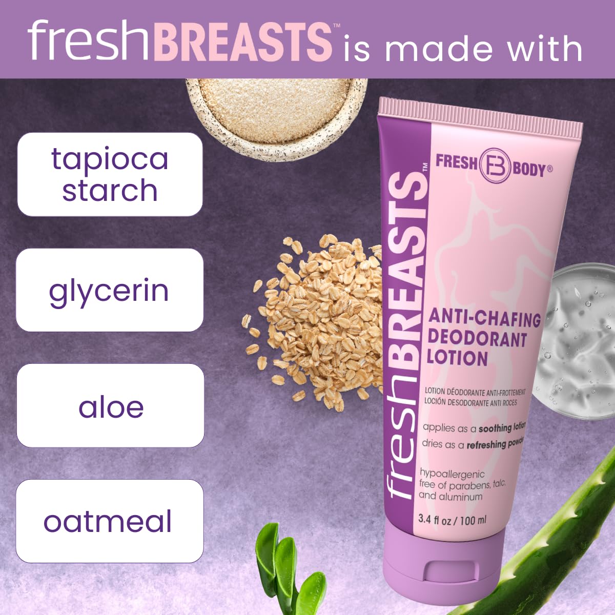 Fresh BREASTS Cream Anti Chafing Deodorant Lotion to Powder, 3.4oz (3 Pack) Anti Chafe Whole Body Deodorant for Women, Inner Thighs & Areas that Sweat Beauty and Personal Care Fresh Body FB