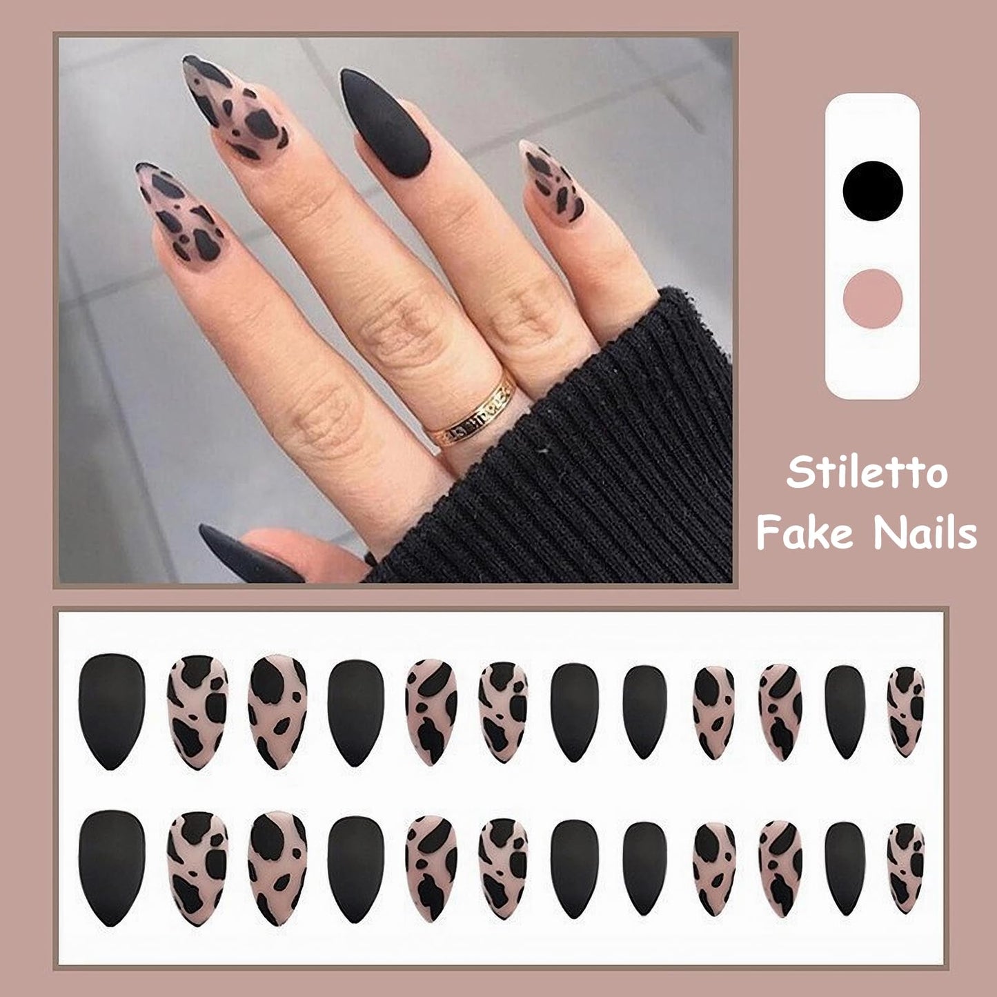 MISUD Press on Nails - Medium Stiletto Glue on Nails with Black Cheetah, Acrylic Matte Leopard Design 24 pcs Beauty & Personal Care MISUD