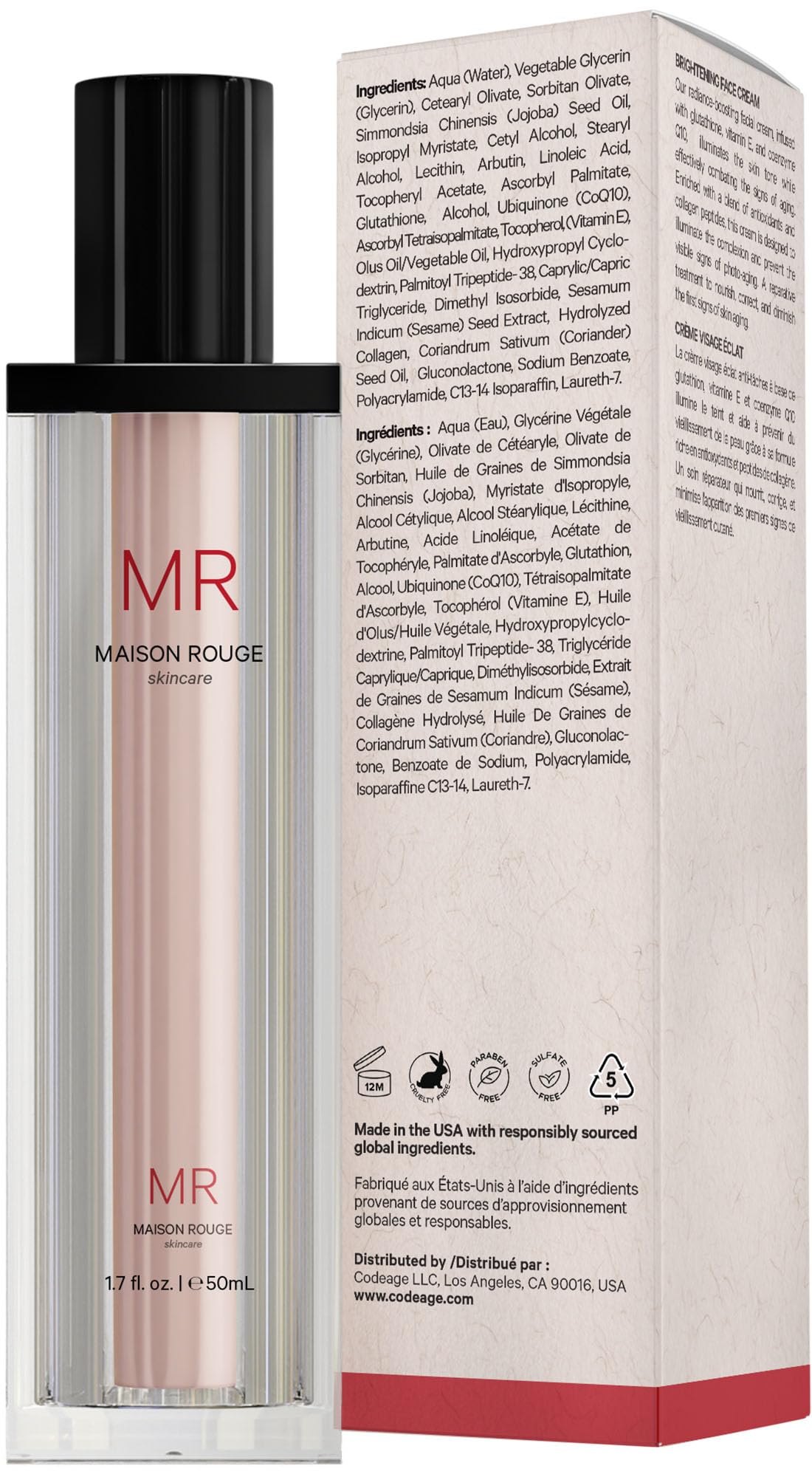 Maison Rouge Brightening Face Cream, Glutathione, Collagen, CoQ10, 1.7 oz