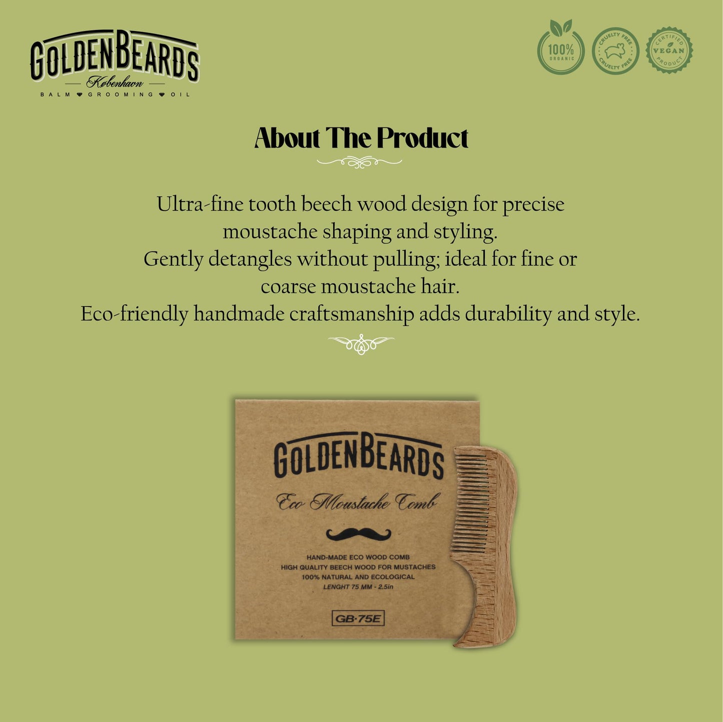 Golden Beards Eco Wood Moustache Comb 2.5 in - Fine Tooth Beechwood Comb for Shaping, Styling & Detangling Mustache - Eco-Friendly, Handmade Beauty and Personal Care Golden Beards Kobenhavn BALM GROOMING OIL