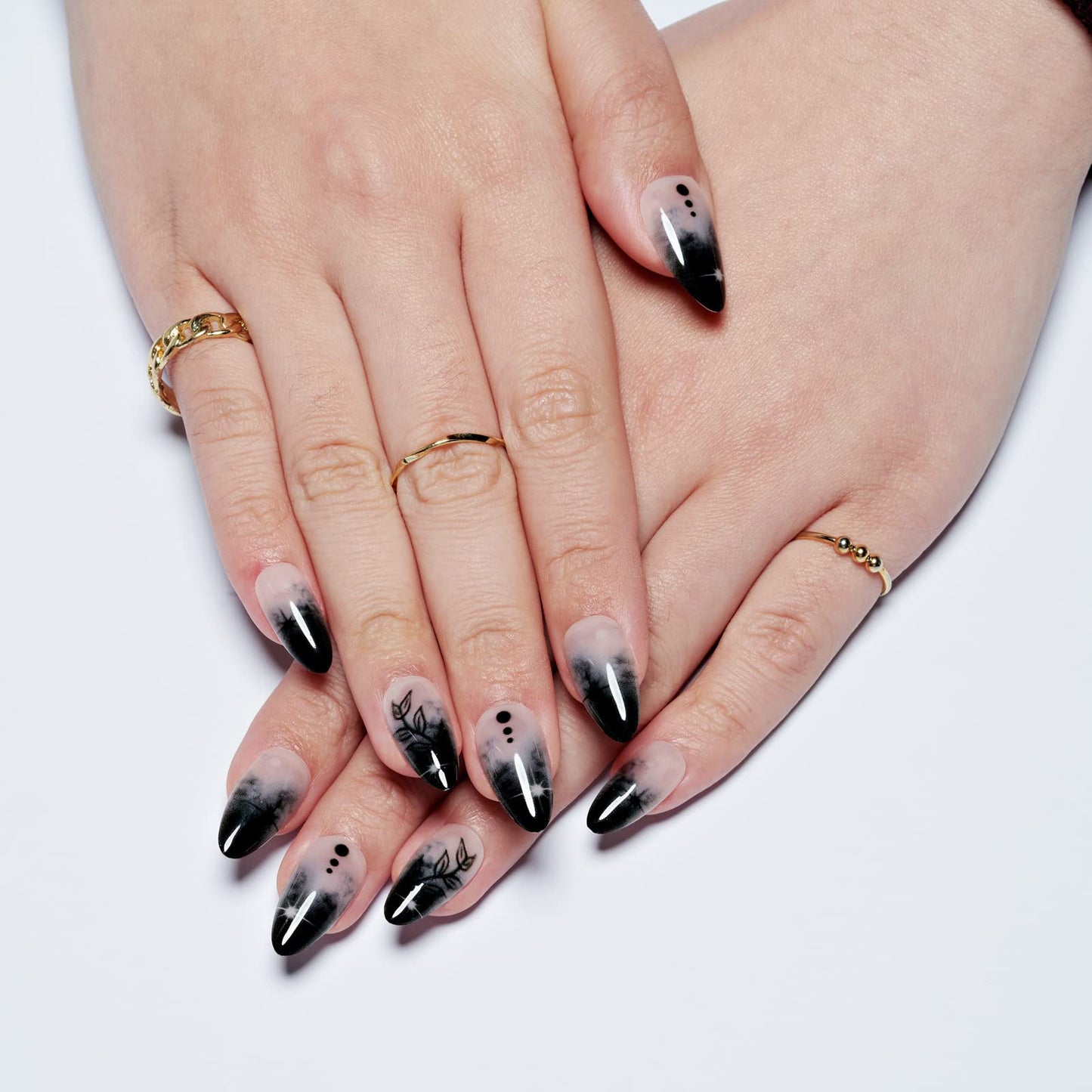 GLAMERMAID Press on Nails Medium Almond, Gothic Black Ombre French Tip Gel Glue on Nail, Glossy Short Stiletto Reusable UV Finish Fake Nails Acrylic Beauty & Personal Care GLAMERMAID