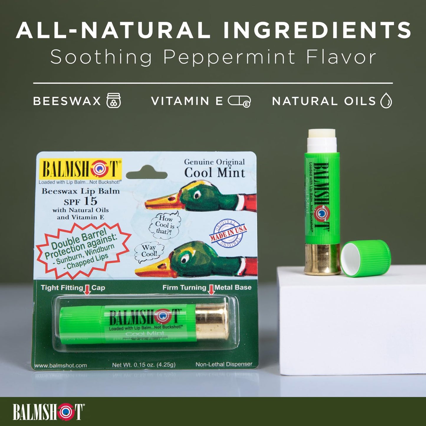 BALMSHOT Cool Mint Lip Balm SPF 15 - Beeswax Chapstick for Men & Women, Deep Moisturizing Lip Repair for Dry Cracked Lips, 20-Gauge Brass Shotgun Beauty and Personal Care Balmshot