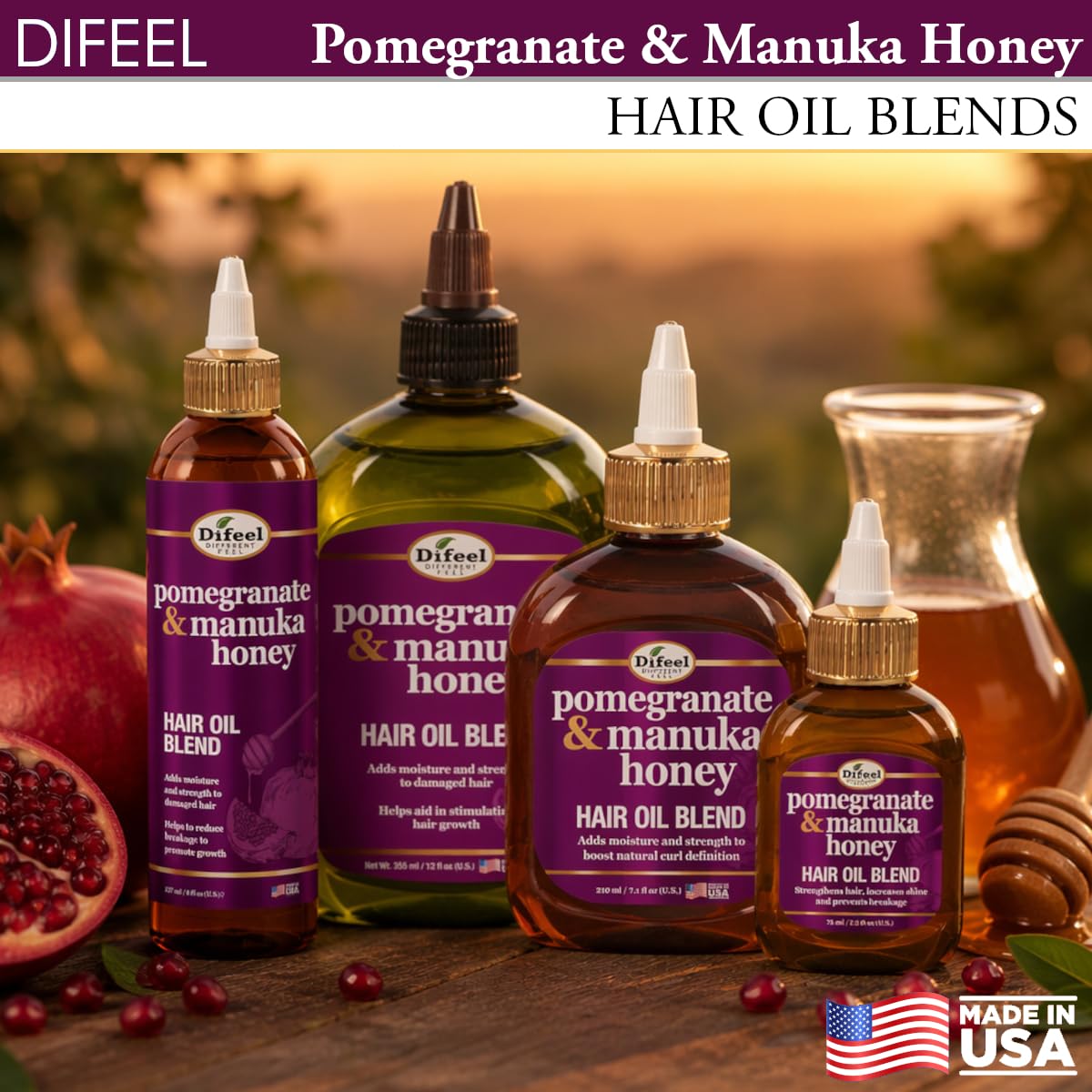 Difeel Elevated Pomegranate & Manuka Honey Hair Oil Blend - Travel Size 2.5 oz. - Growth Stimulating, Moisturizing & Strengthening Blended Hair Oil