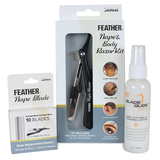 Feather - Nape and Body Razor Kit - Professional Use Hair Cutting Tool - Includes Nape Razor, 10 Nape Blades & 2 oz Blade Glide - Ideal for Nape Beauty and Personal Care Feather