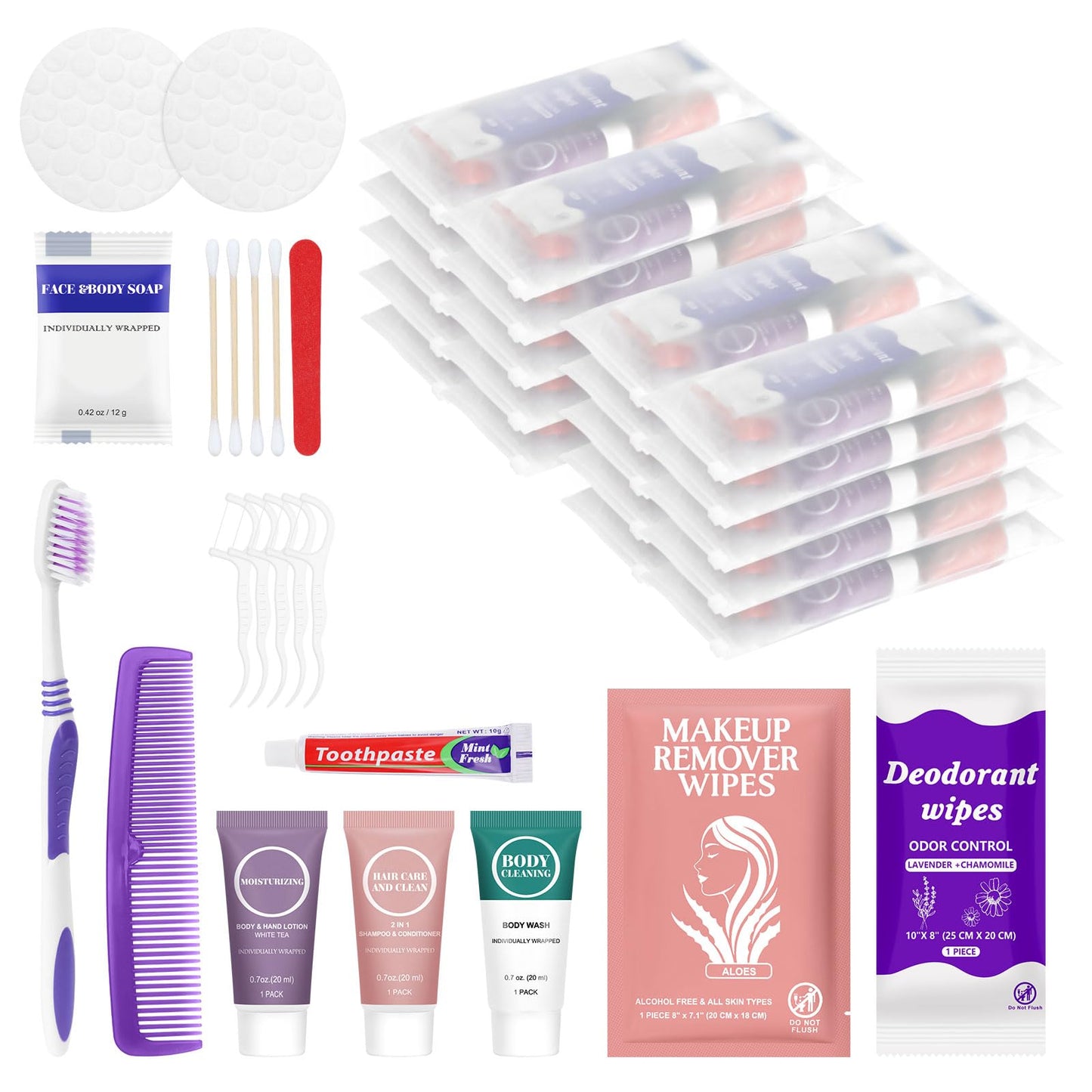 Travel Toiletries Personal Cleaning Bulk,Disposable Hygiene Kit Care Package Supplies, Women Toiletry Essentials Set Individually Wrapped for Camping Beauty and Personal Care Zhjianup