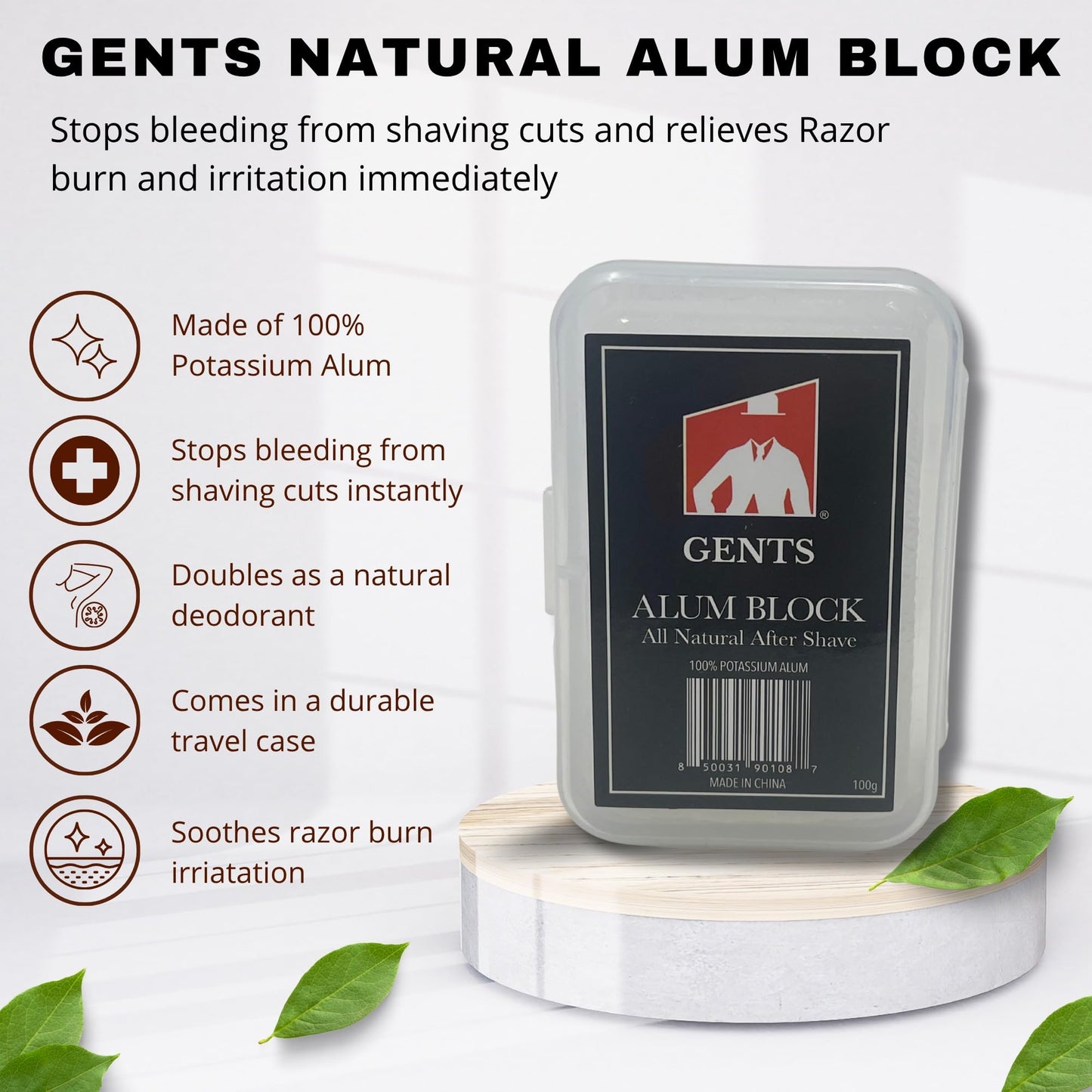 Gents Alum Block in Plastic Case - Upgrade Your Shave - Soothing Aftershave Solution for Shaving Razor Burn Relief - Travel Friendly Durable Plastic Beauty and Personal Care G.B.S