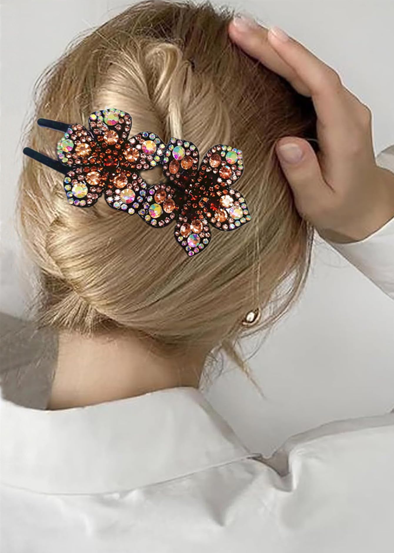 5 Pcs double flower decorative jeweled rhinestone hair clip pretty fancy floral thick crystal hair clips for women beautiful fashion designer asian Beauty & Personal Care LJC-20