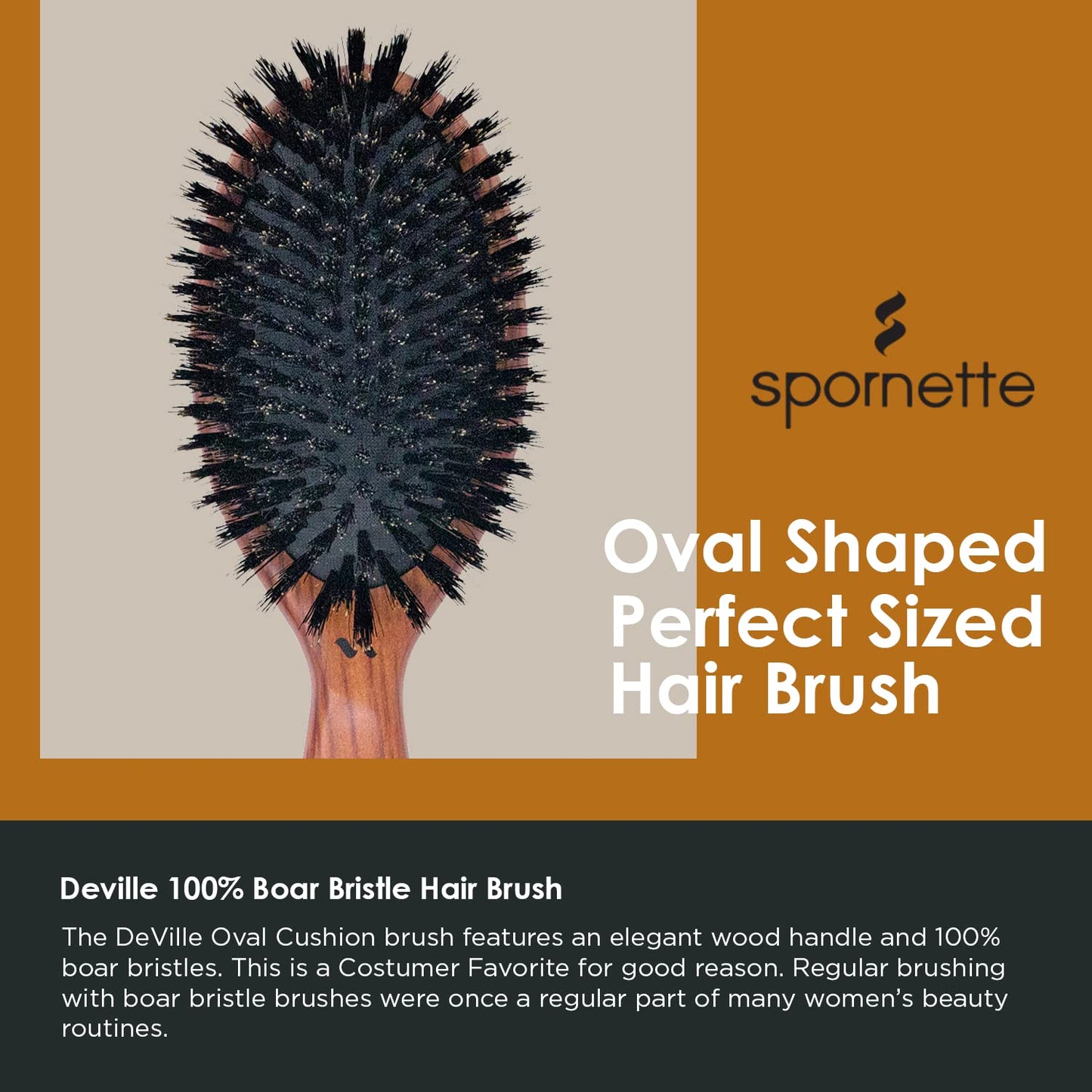 Spornette Deville Boar Bristle Wooden Paddle Hair Brush for Women - Cushion Oval Hair Straightening Brush for Blow Drying, Detangling, Smoothing Beauty & Personal Care SPORNETTE