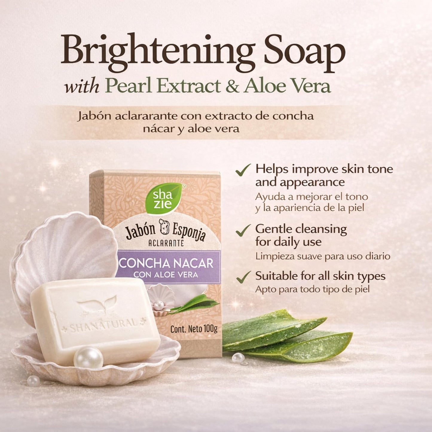 Sha Zie Jabon Esponja with Concha Nacar, Aloe Vera - Soap Sponge for Gentle Skin Care, Mother-of-Pearl Whitening Cream Formula, 3.5 oz Beauty and Personal Care Tu Salud Plus