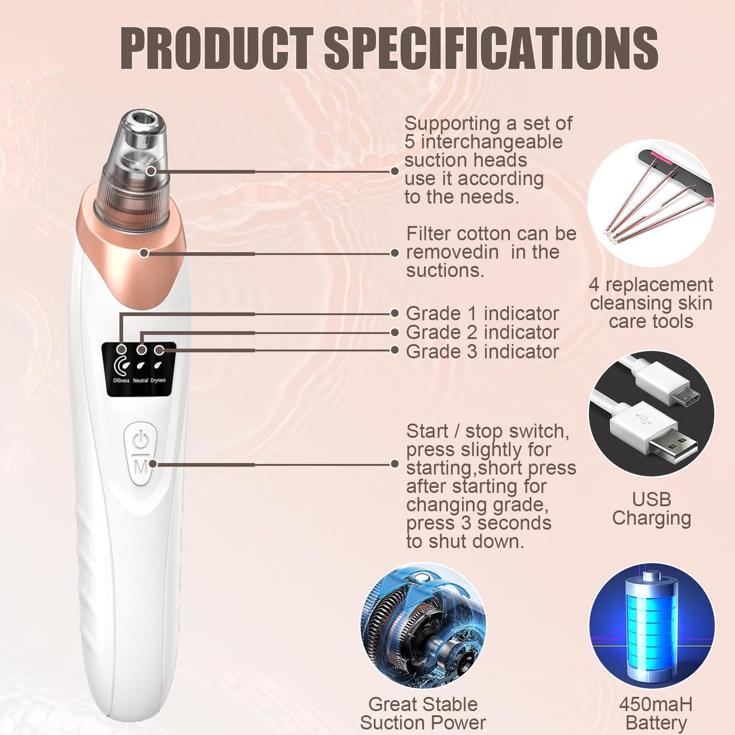 2026 Blackhead Remover Pore Vacuum,Facial Pore Cleaner-5 Suction Power,5 Probes,USB Rechargeable Blackhead Vacuum Kit Electric Pore Vacuum Tool Beauty and Personal Care Gackoko