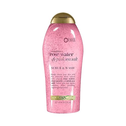 OGX Sensitive + Rose Water & Pink Sea Salt Exfoliating Body Scrub + Rose Quartz, Gentle Exfoliating Daily Body Wash Softens Skin, Body Scrub Beauty & Personal Care OGX