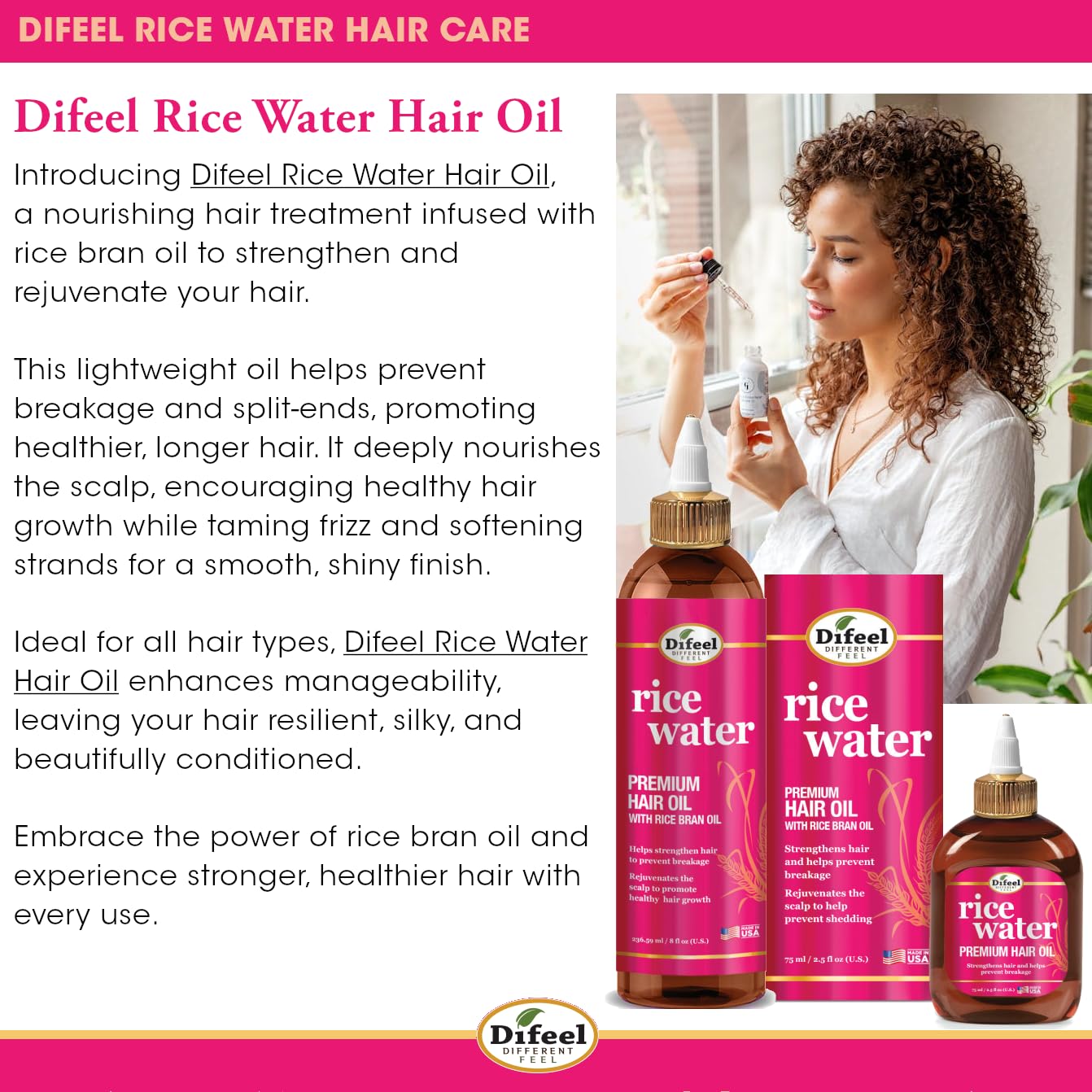 Difeel Rice Water Premium Hair Oil 2.5 oz. - Strengthening Rice Water Moisturizer for Hair Beauty & Personal Care Difeel