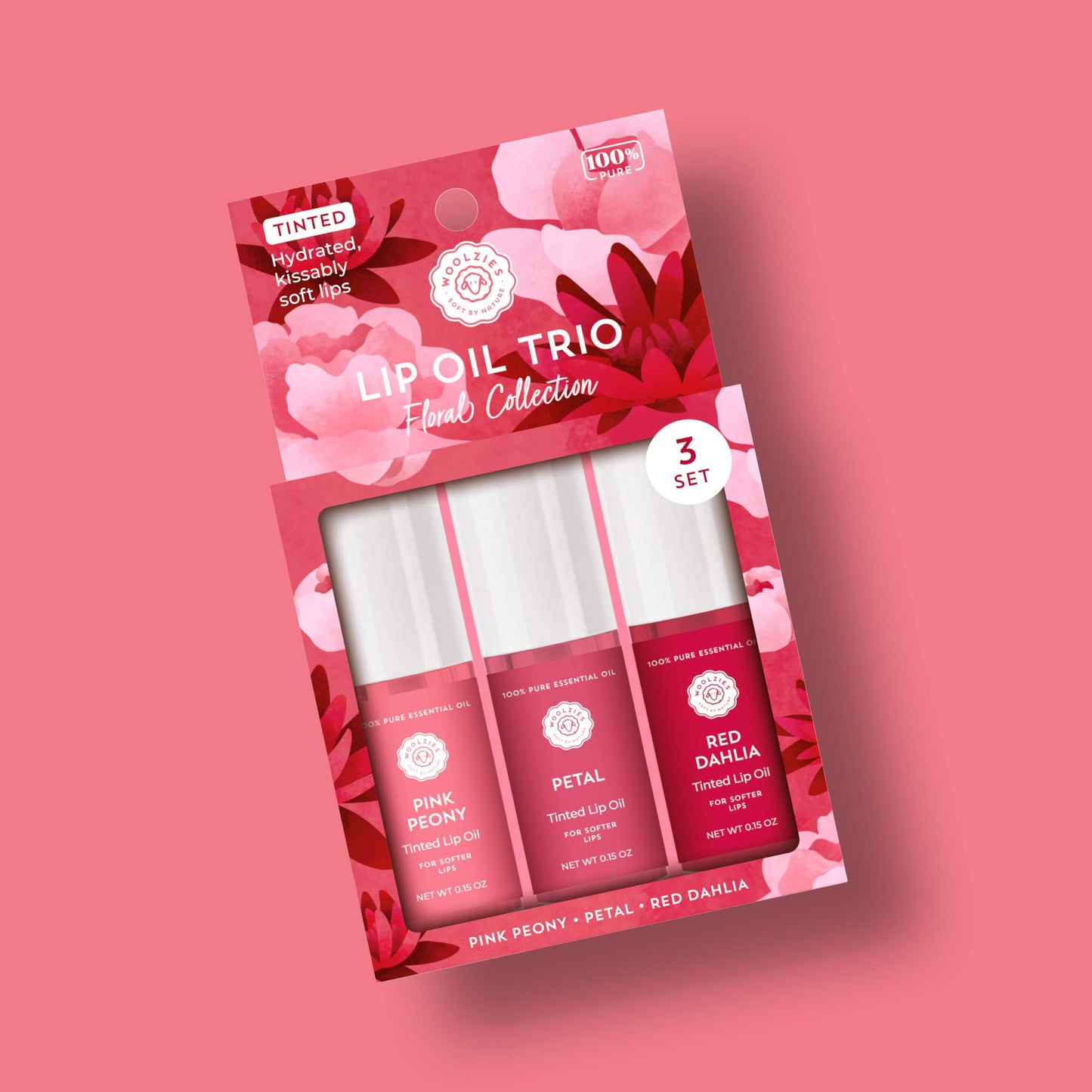 Woolzies All-Natural Lip Oils - Flavored Assortments - Moisturizing with Beautiful Tints Set of 3 (3 Pack, Floral Collection) Beauty and Personal Care Woolzies
