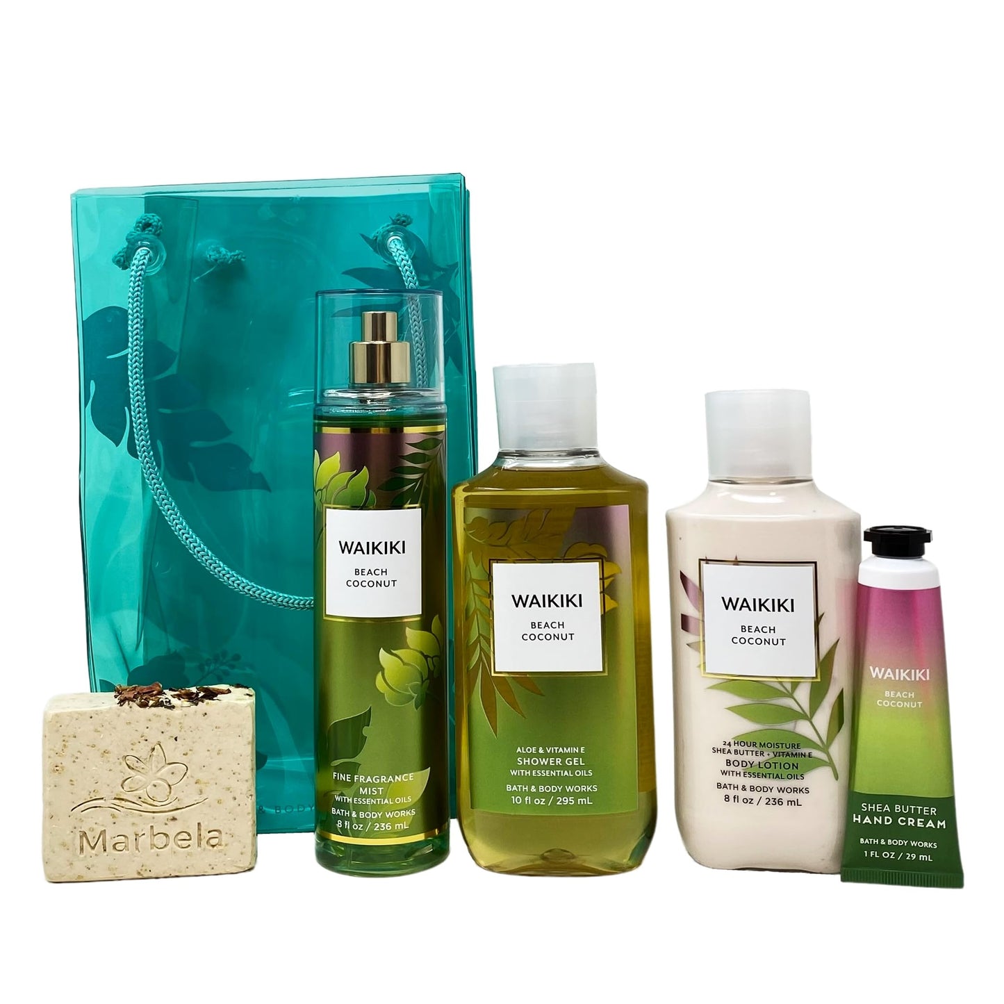 Bath & Body Works Waikiki Beach Coconut 4 Piece Gift Bag Set with a Creamy Rose Bar Soap - Full Size Beauty and Personal Care Bath & Body Works