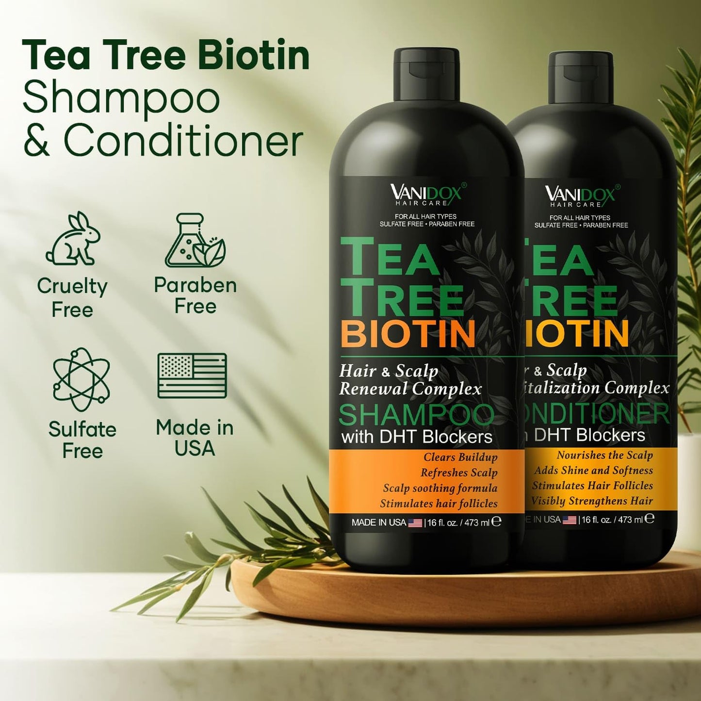 Tea Tree Oil Shampoo and Conditioner Set with Biotin, DHT Blockers, Itchy Scalp Relief, Supports Thicker-Looking Hair, Cleanses Dandruff & Buildup Beauty & Personal Care VANIDOX