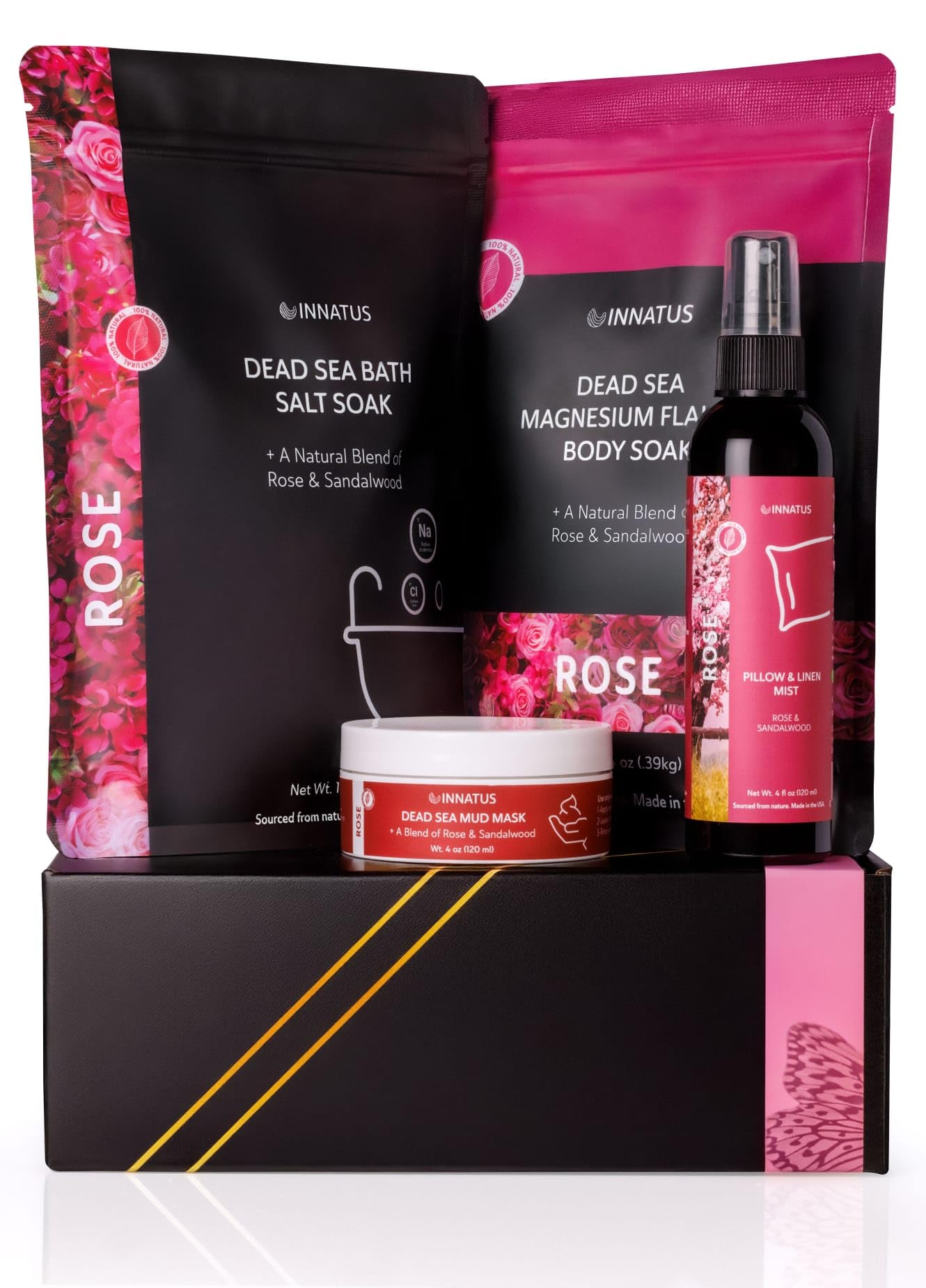 Luxury Dead Sea Spa Gift Set - Bath Salt, Magnesium Flakes, Pillow & Linen Spray, and Mud Mask - Rose & Sandalwood Aromatherapy Kit for Relaxation Beauty and Personal Care INNATUS