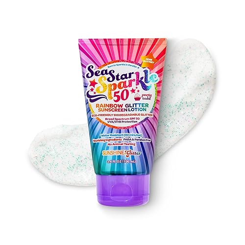Seastar Sparkle - Rainbow Party Cake Scented Glitter Sunscreen - SPF 50 - Biodegradable Sunscreen, Kids, Water Resistant, Glitter lotion, Cruelty Beauty & Personal Care Sunshine & Glitter