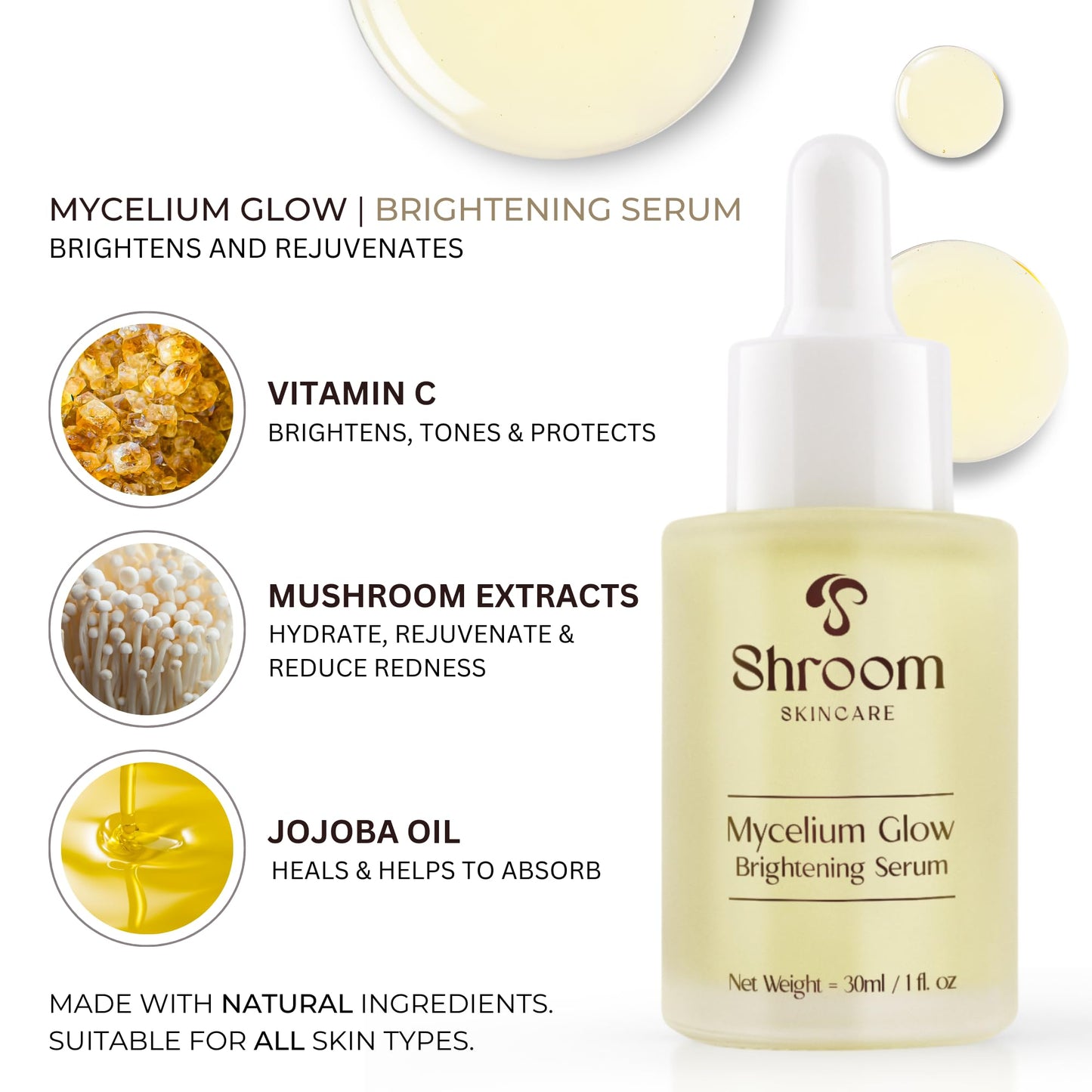 Shroom Skincare Mycelium Glow Mushroom Brightening Vitamin C Face Serum Facial Moisturizer - All Skin Types Vegan Serums for Skin Care Anti Aging Beauty & Personal Care Shroom Skincare