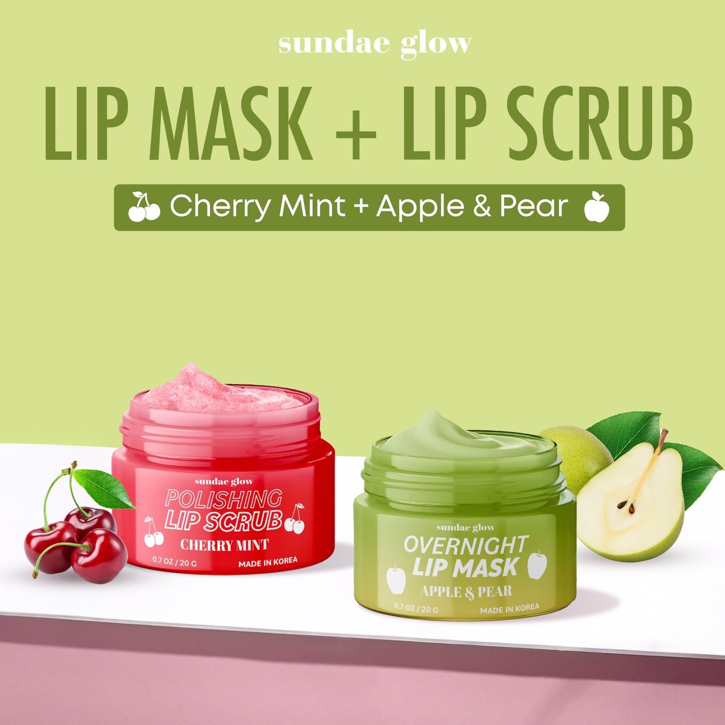 Sundae Glow Lip Mask & Scrub - Apple, Pear, Cherry & Mint - Hydrates, Exfoliates, Softens, Repairs Dry & Chapped Lips - Dermatologist Tested, Korean Beauty & Personal Care Sundae Glow