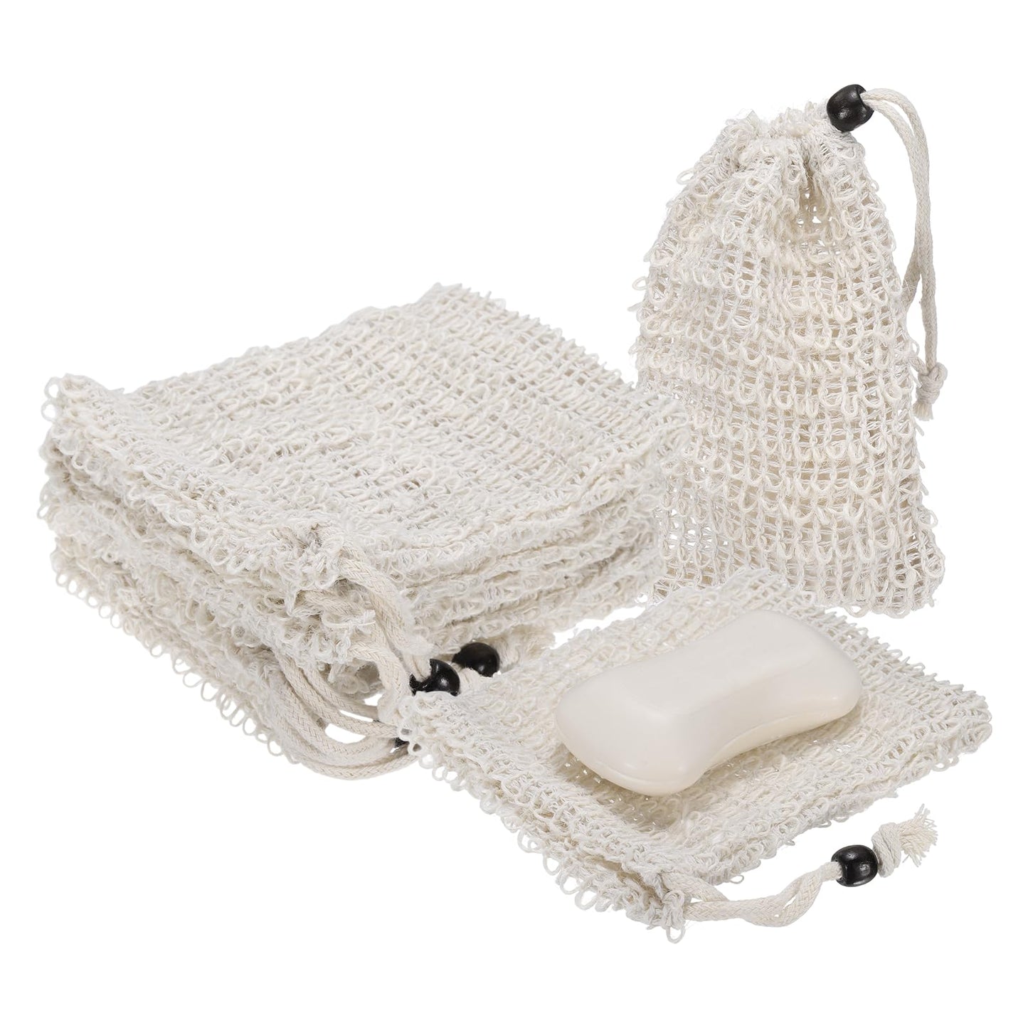 uxcell 10 Pcs Soap Saver Bag, 5.5"x4.7" Mesh Soap Bag with Drawstring Brown Wooden Bead Cotton Scrubber Pouch Exfoliating Net for Body Shower Foaming Beauty and Personal Care uxcell