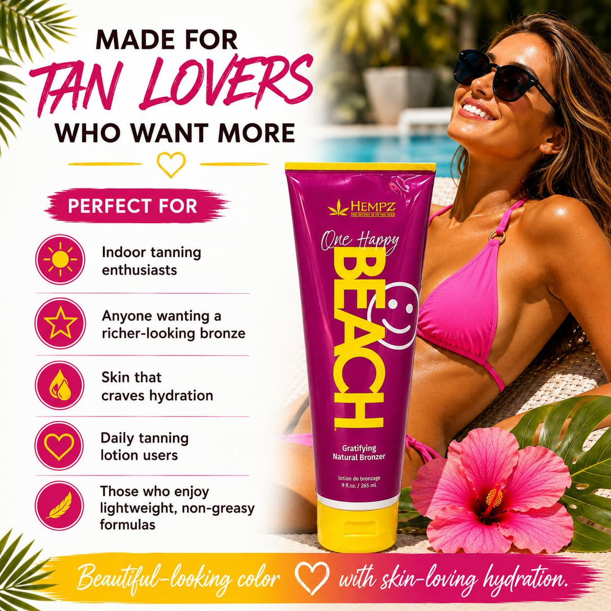 HEMPZ Tanning Lotion - One Happy Beach Gratifying Natural Bronzer - Moisturizing Self-Tanning Lotion for Tanning Beds, Beach, Sun - 9 Fluid ounces