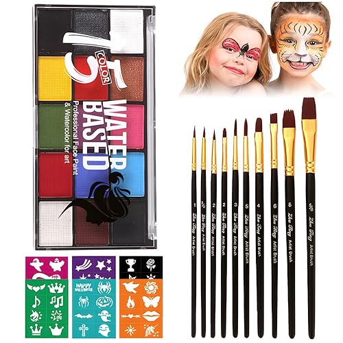 Face Painting Kit for Adults, Water Activated Body Face Paint, 15 Colors Water Based Facepaints Makeup Palette 12 Pcs Brushes, Stencils, Non Toxic Beauty & Personal Care ZENTANMEI