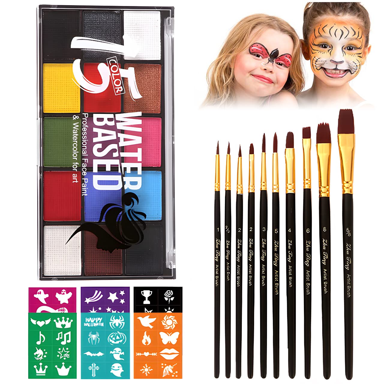Face Painting Kit for Adults, Water Activated Body Face Paint, 15 Colors Water Based Facepaints Makeup Palette 12 Pcs Brushes, Stencils, Non Toxic Beauty & Personal Care ZENTANMEI