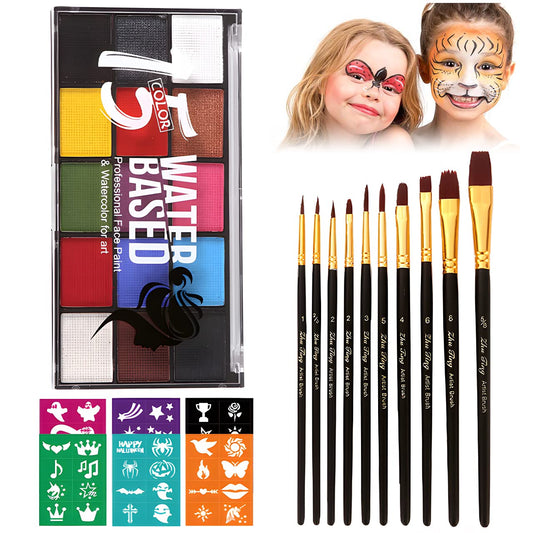 Face Painting Kit for Adults, Water Activated Body Face Paint, 15 Colors Water Based Facepaints Makeup Palette 12 Pcs Brushes, Stencils, Non Toxic Beauty & Personal Care ZENTANMEI