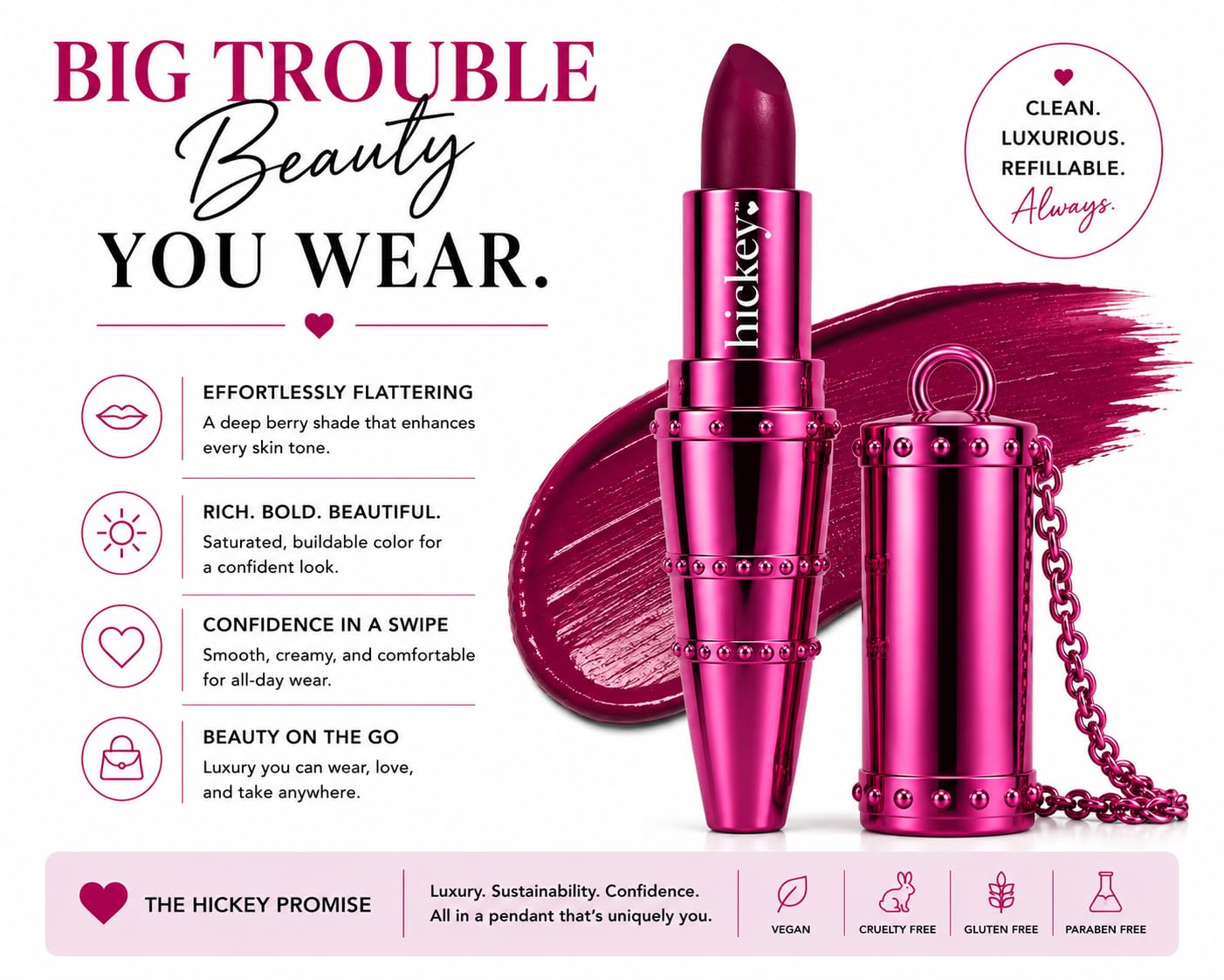 Hickey Refillable Pendant Lipstick, Big Trouble[Berry Wine] - Wearable Satin Lip Color on a Chain, Refillable Clean Beauty, Full Lipstick Included Beauty & Personal Care Hickey