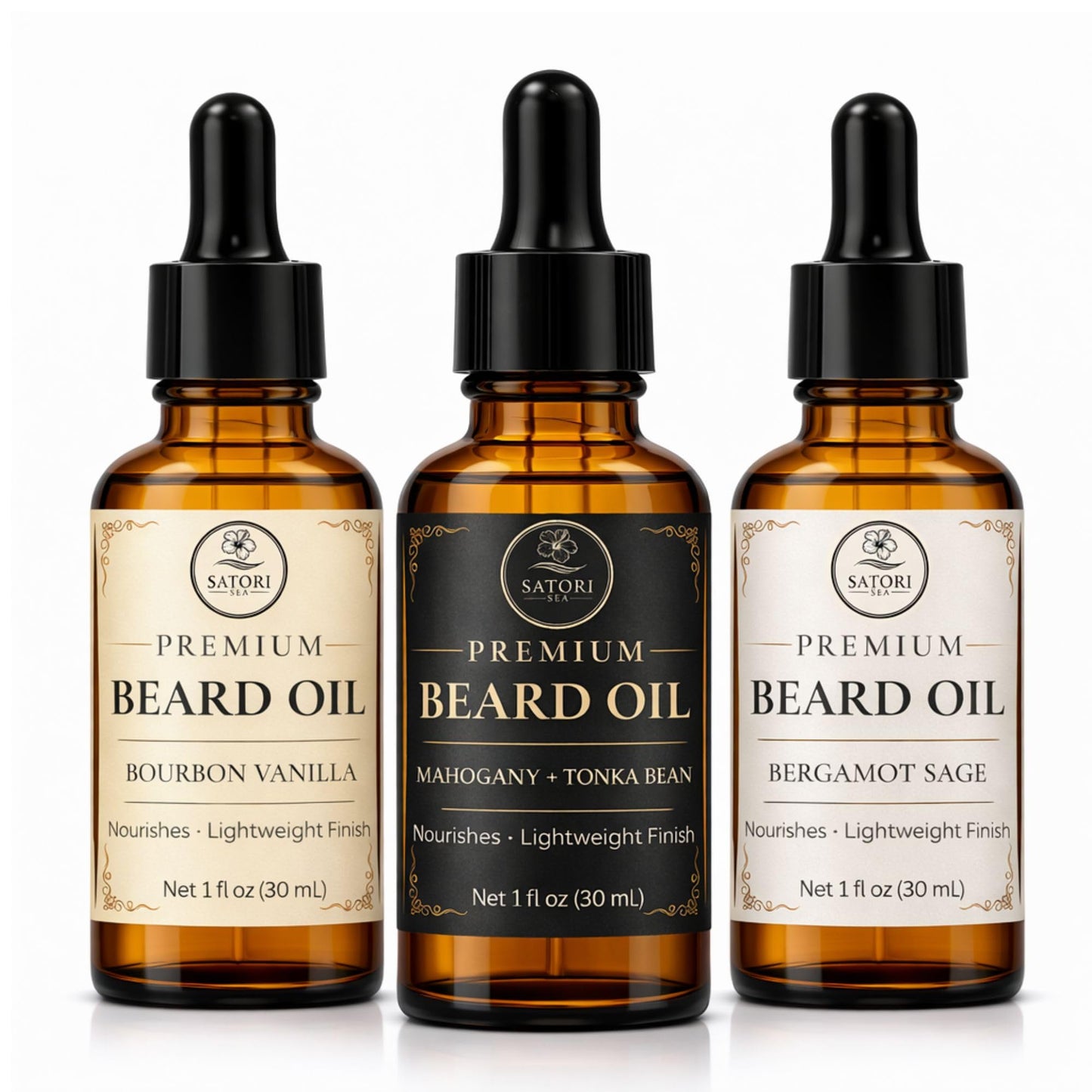 Satori Sea Beard Oil Variety Pack for Men - 3 Pack (Bourbon Vanilla, Mahogany Tonka Bean, Bergamot Sage) - Premium Beard Oil for Men - Moisturizing Beauty and Personal Care Satori Sea